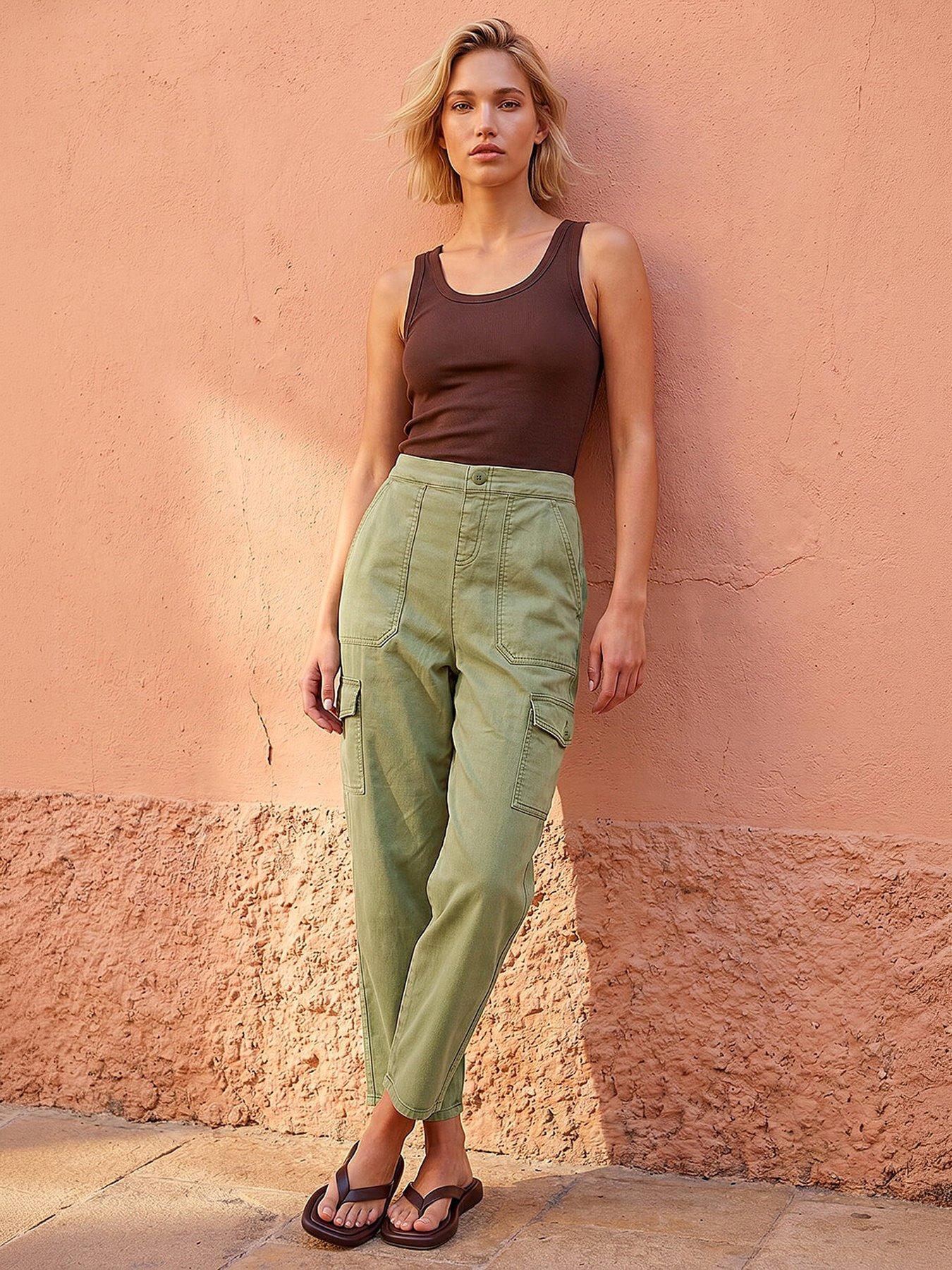 roman-casual-elastic-waist-cargo-stretch-trousers-green