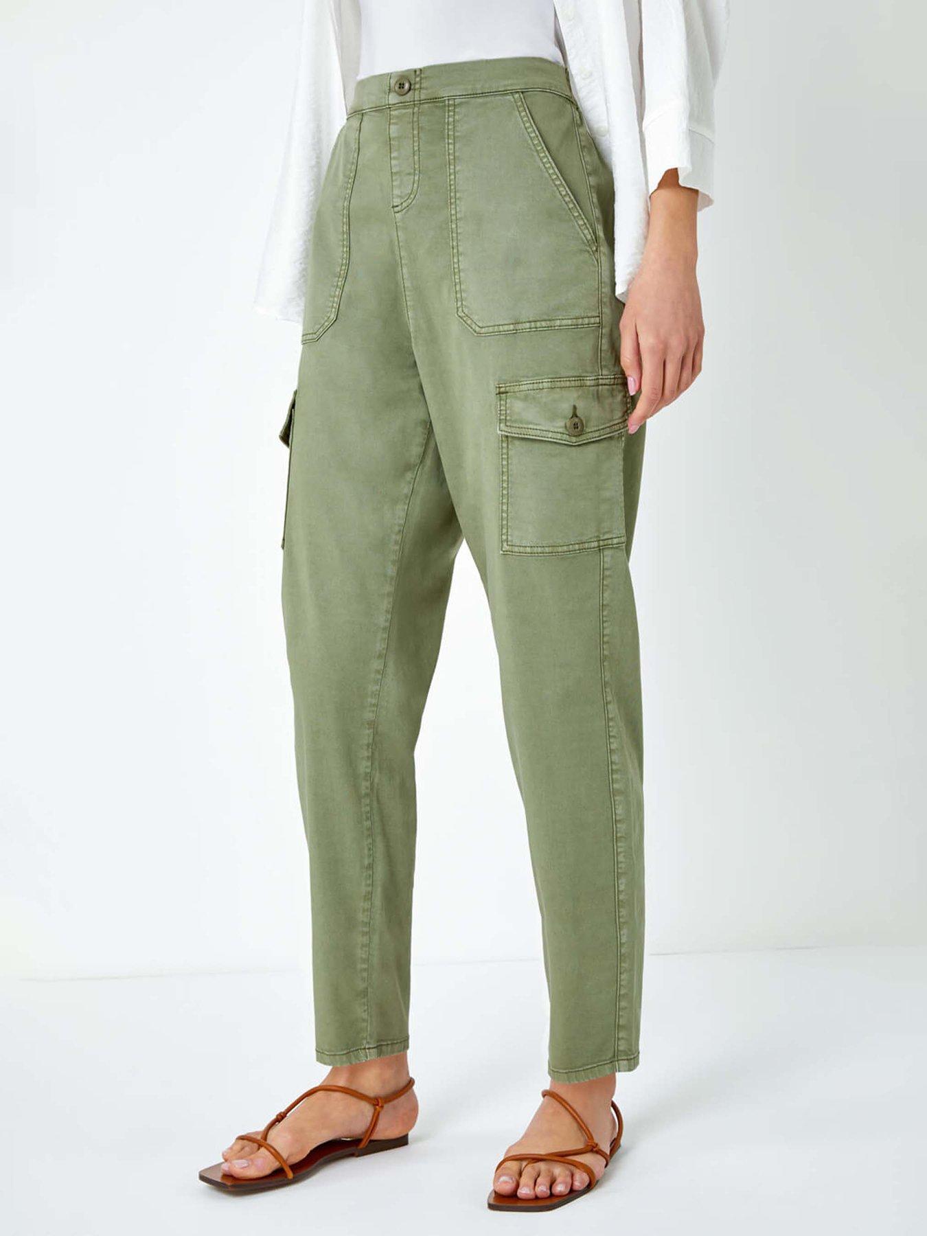 Roman Casual Elastic Waist Cargo Stretch Trousers - Green