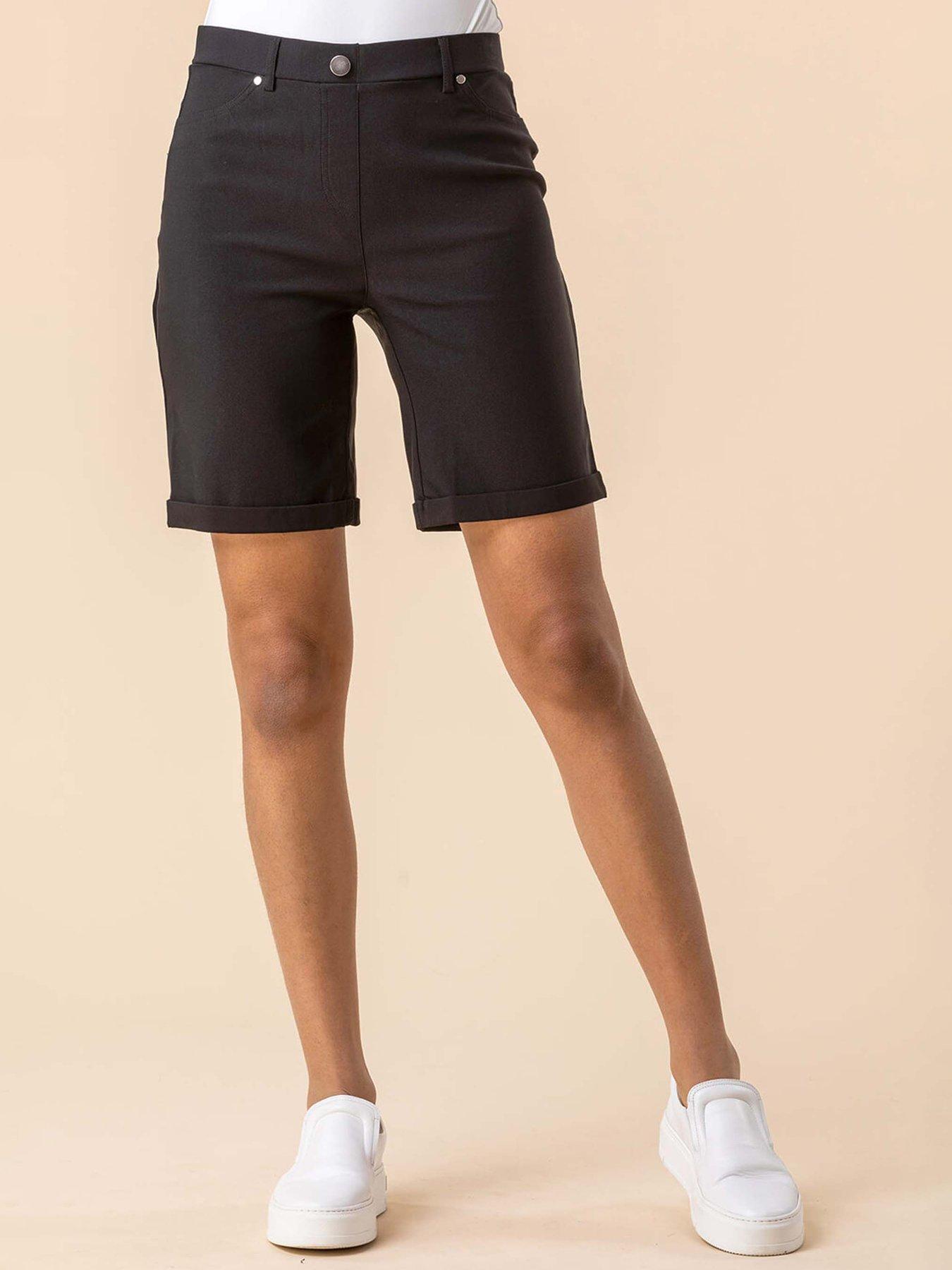 Roman Elastic Waist Turn Up Stretch Shorts - Black