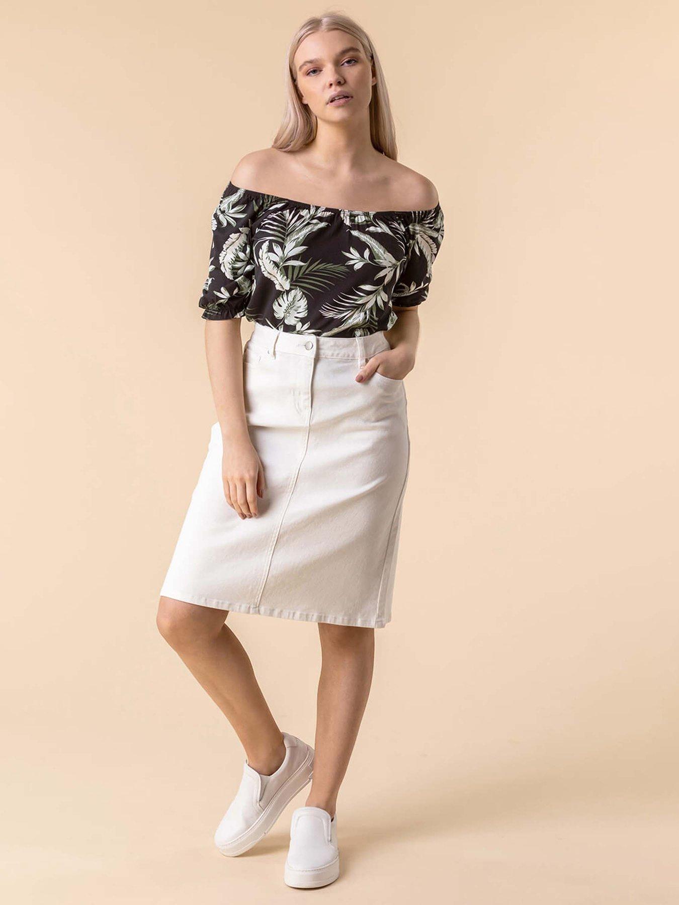 Image 3 of 4 of Roman Cotton Denim Stretch A Line Skirt - Off White