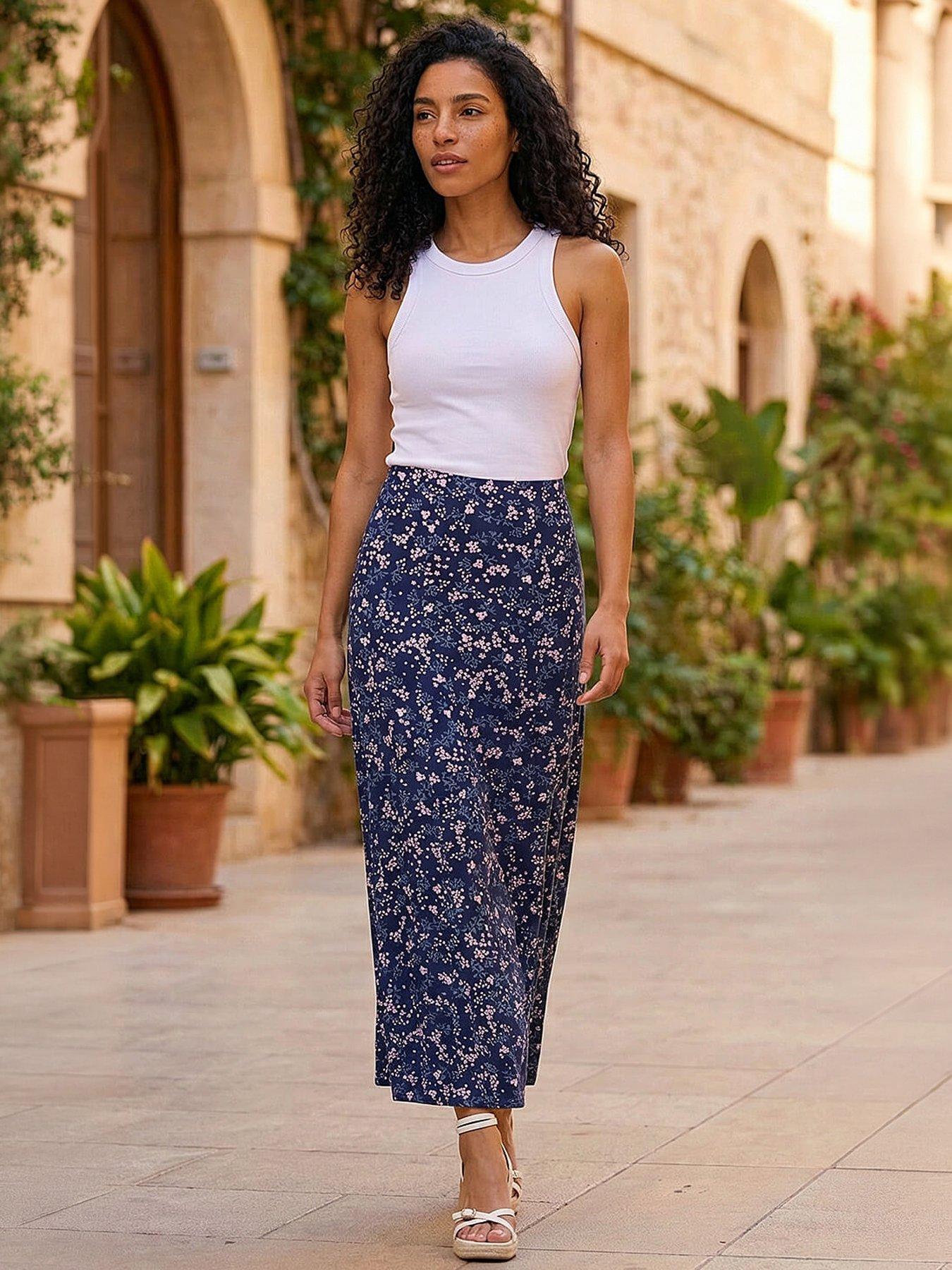 Roman Floral Print Elastic Waist Midi Stretch Skirt
