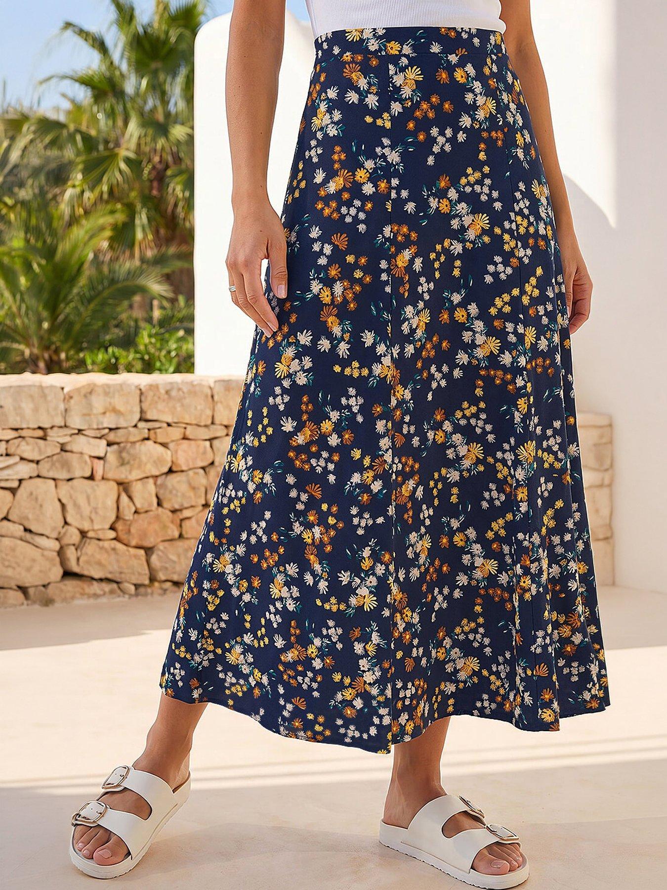 Roman Ditsy Floral Print Elastic Waist Midi Skirt