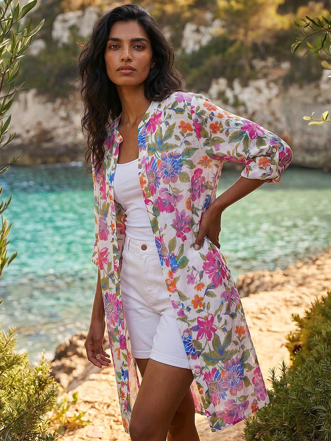 Image 1 of 5 of Roman Floral Print Longline Blouse