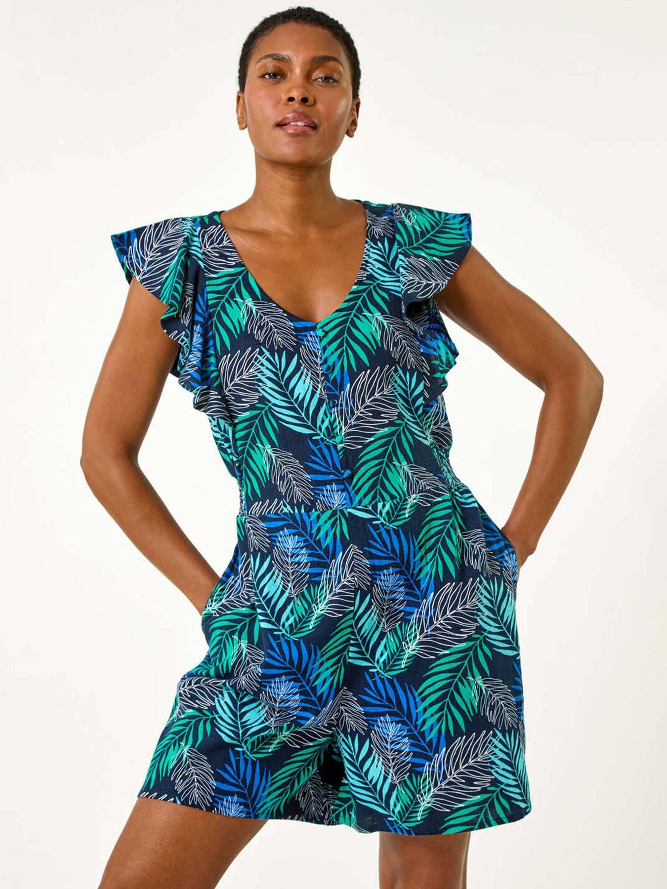 Roman Tropical Leaf Print Playsuit