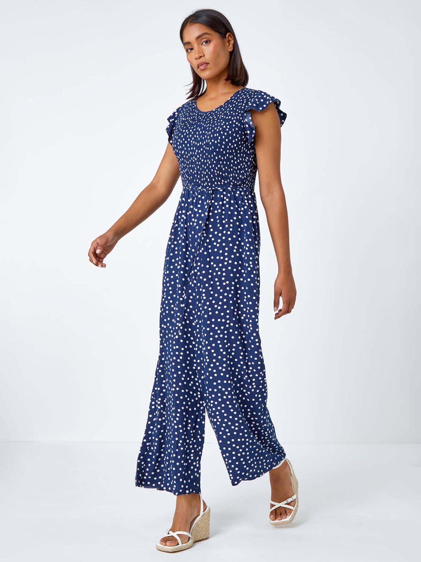 Roman Polka Dot Shirred Pocket Jumpsuit