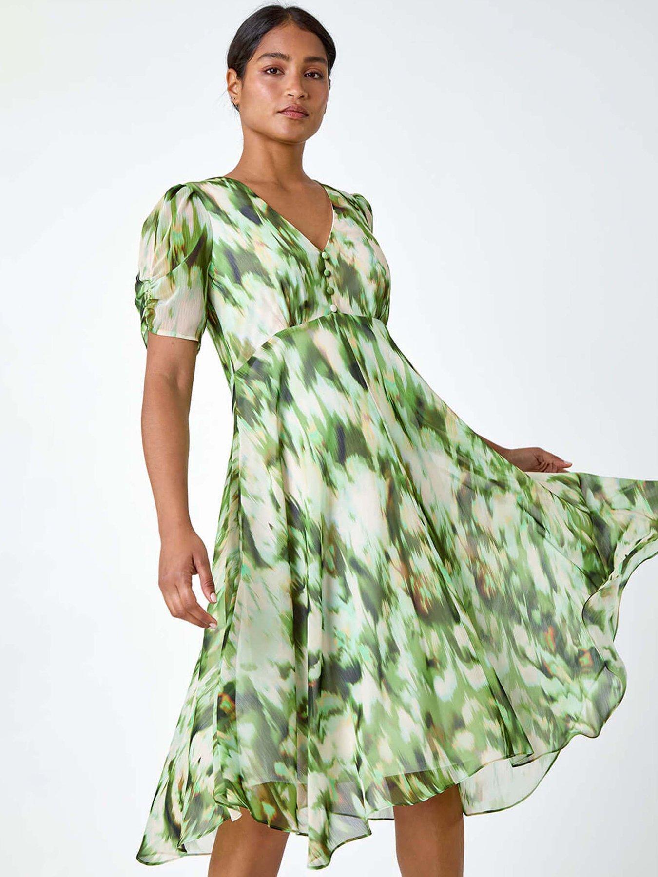 Roman Abstract Chiffon Hanky Hem Asymmetric Dress