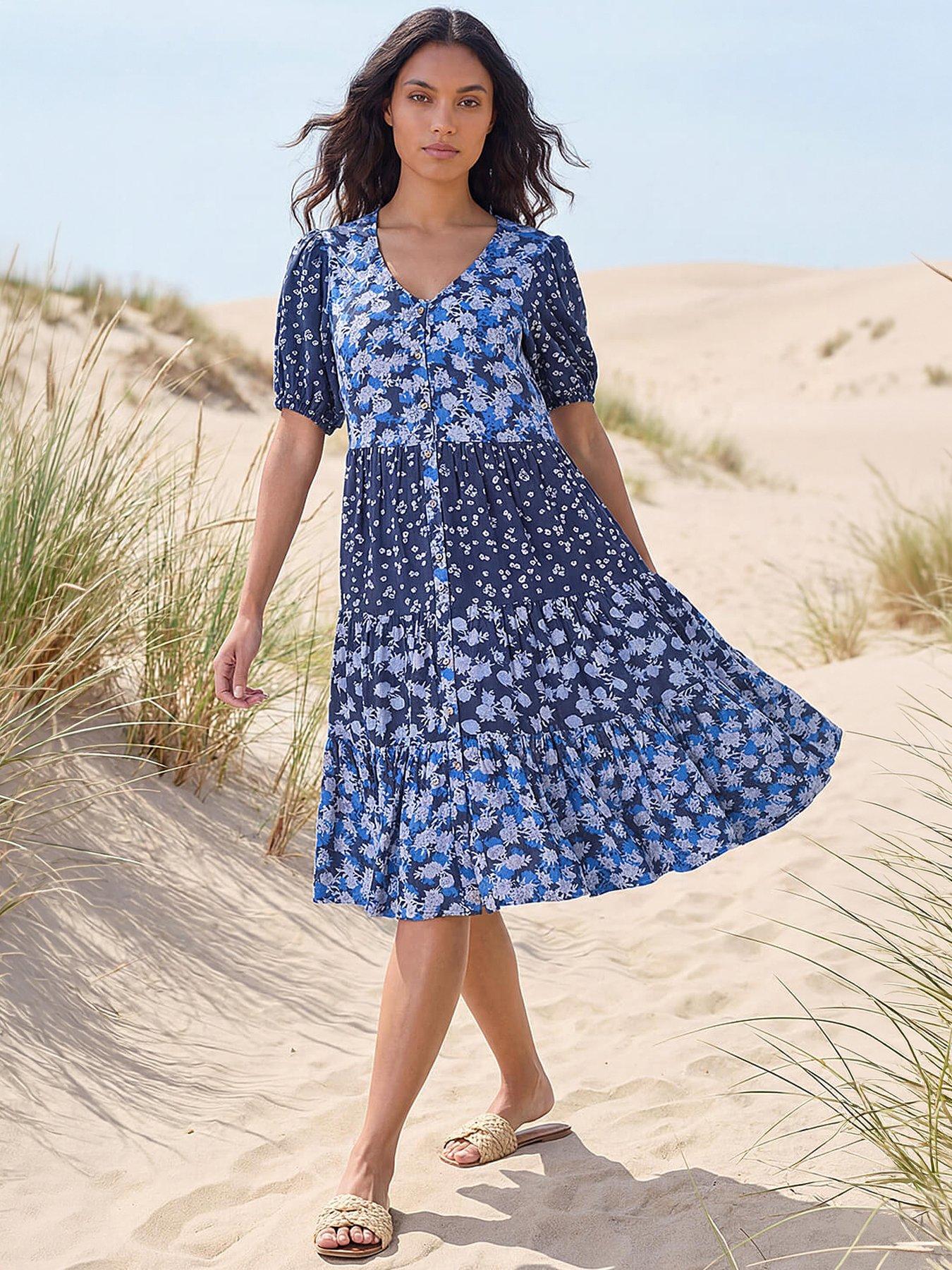 Roman Floral Cotton Blend Tiered Smock Dress