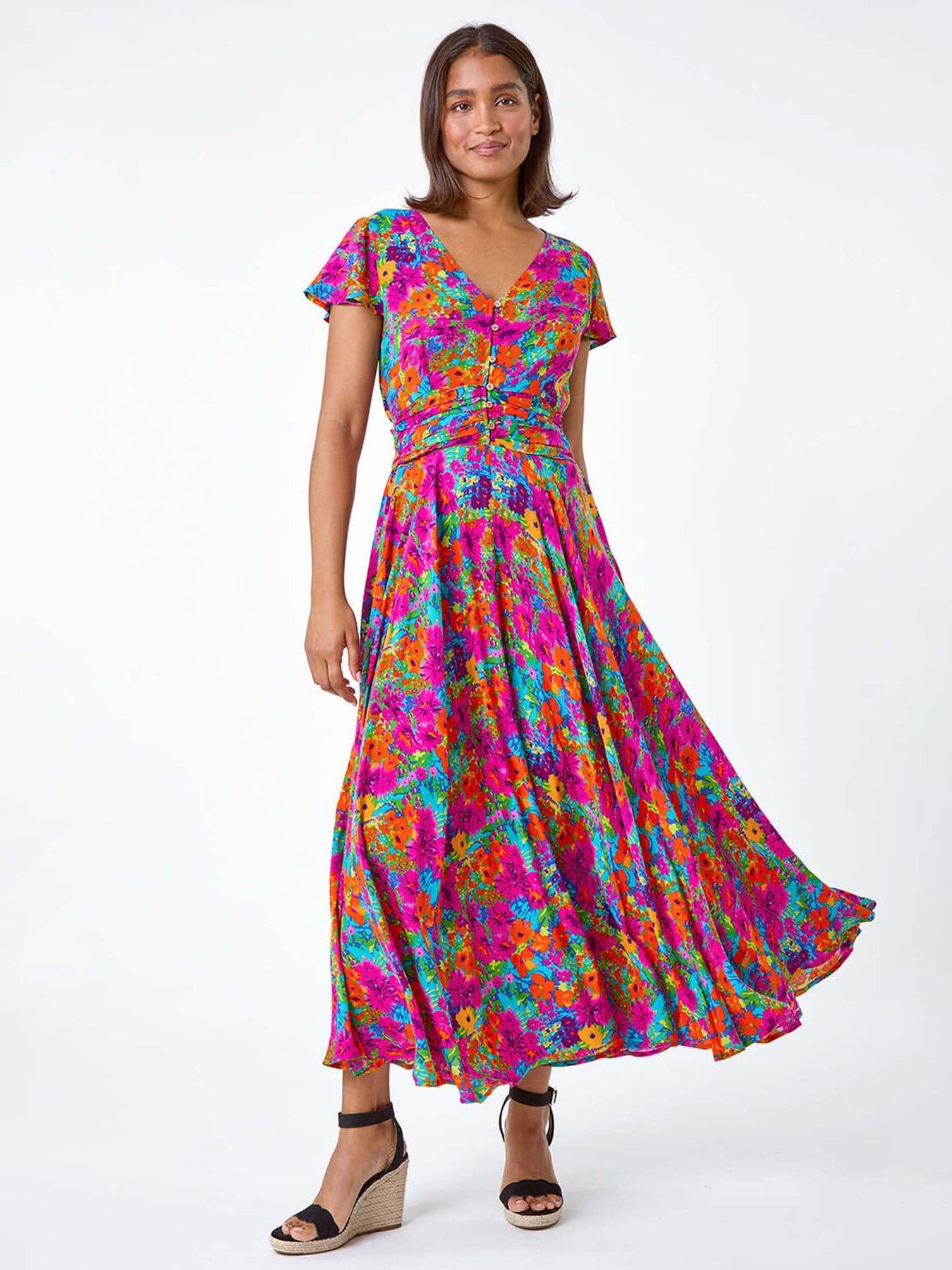Roman Floral Ruched Waist Midi Dress
