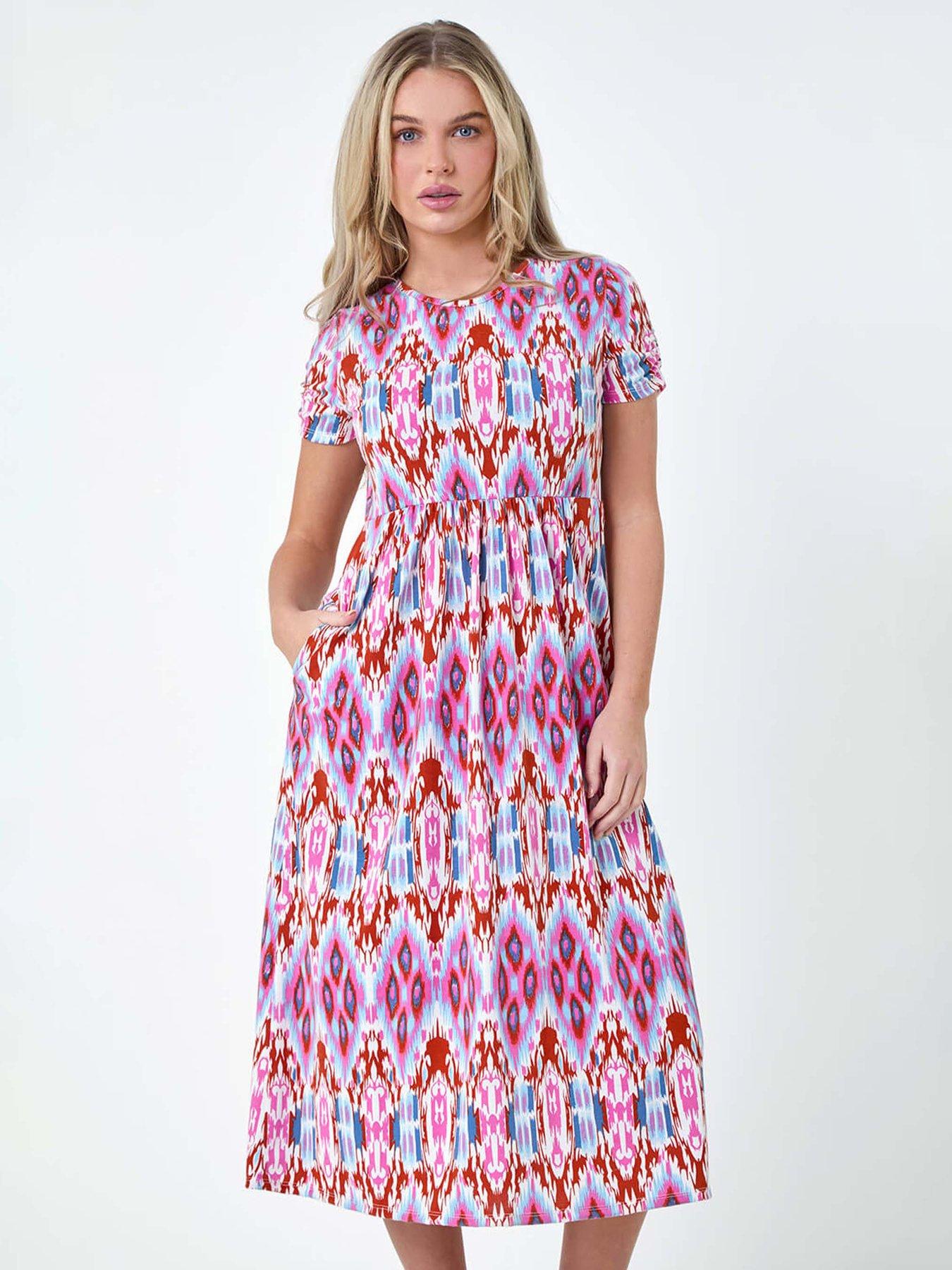 roman-petite-aztec-print-stretch-pocket-midi-dressback