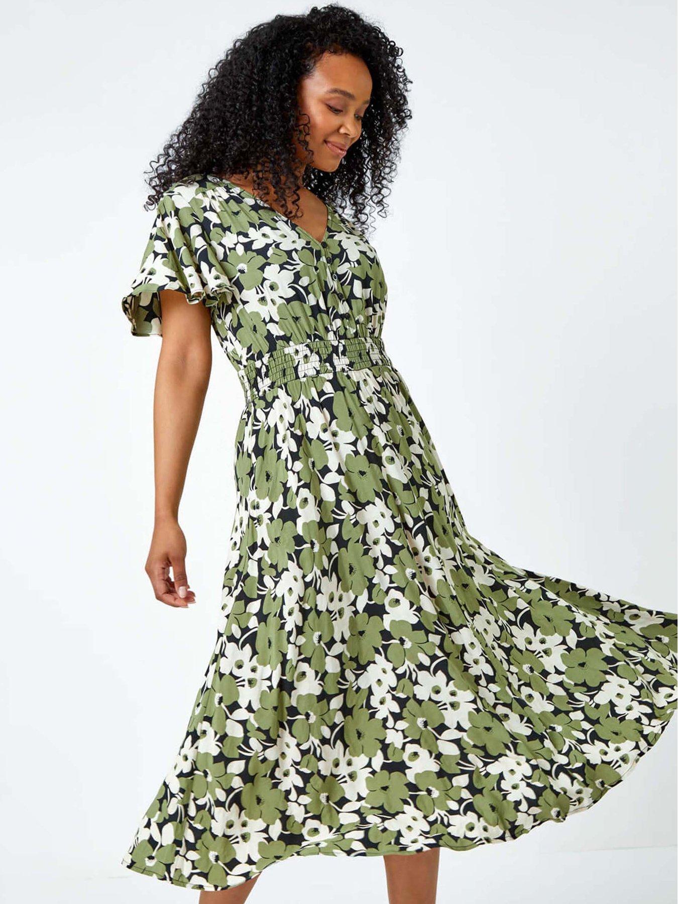 Roman Petite Floral Print Shirred Midi Dress