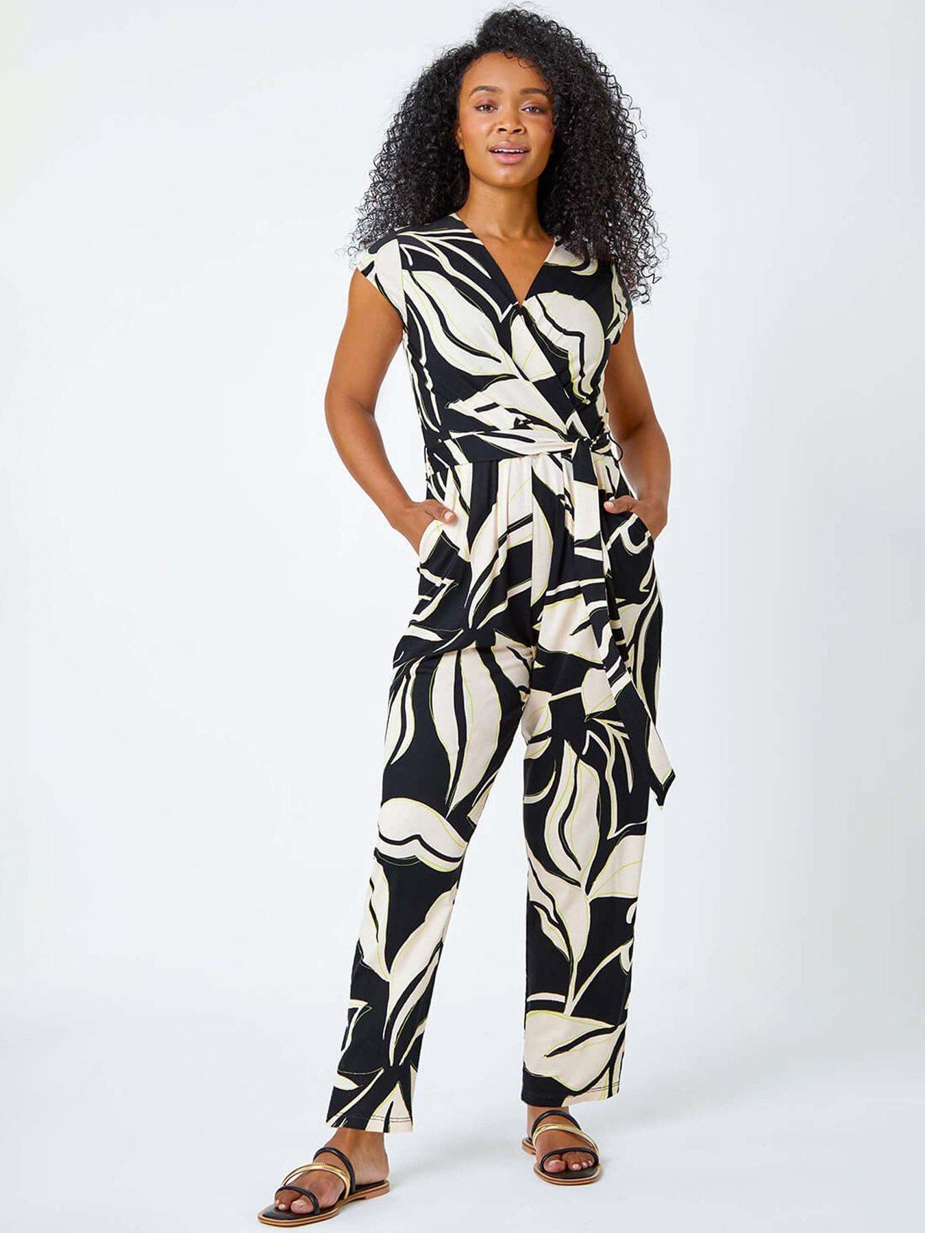 Roman Petite Leaf Print Stretch Jumpsuit