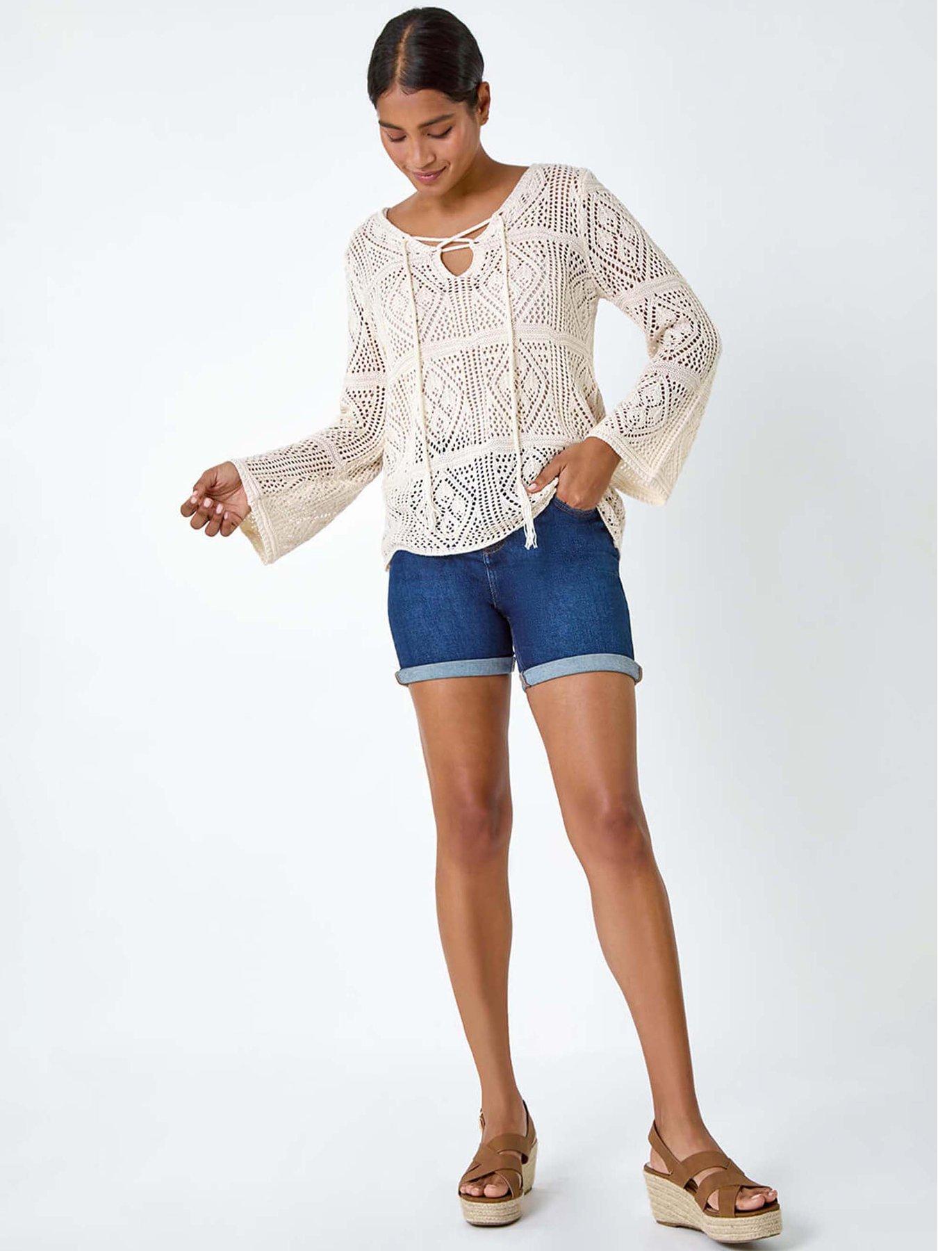 Image 3 of 5 of Roman Crochet Tie Front &nbsp;V-neck Tunic Top - White