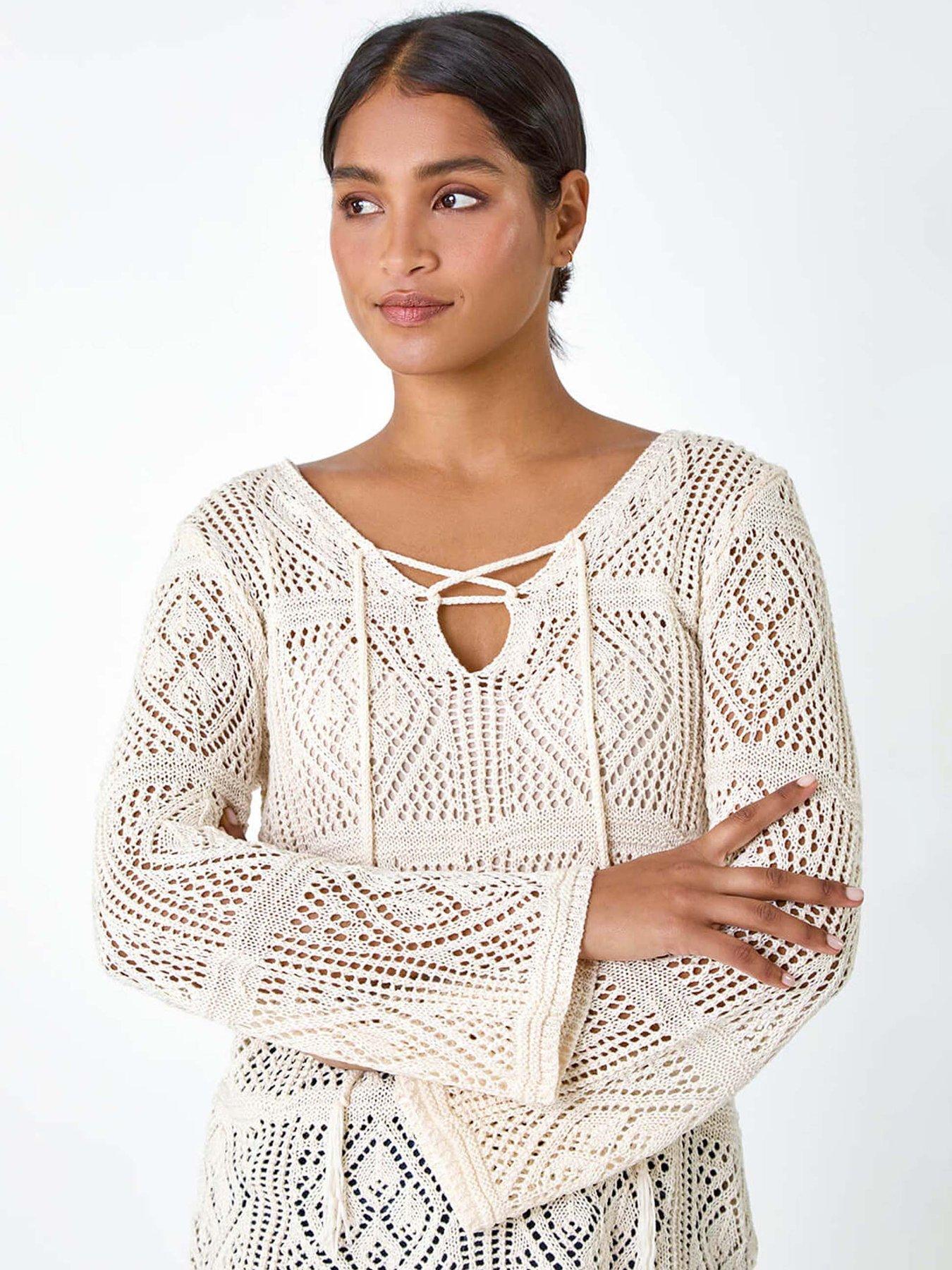 Image 4 of 5 of Roman Crochet Tie Front &nbsp;V-neck Tunic Top - White