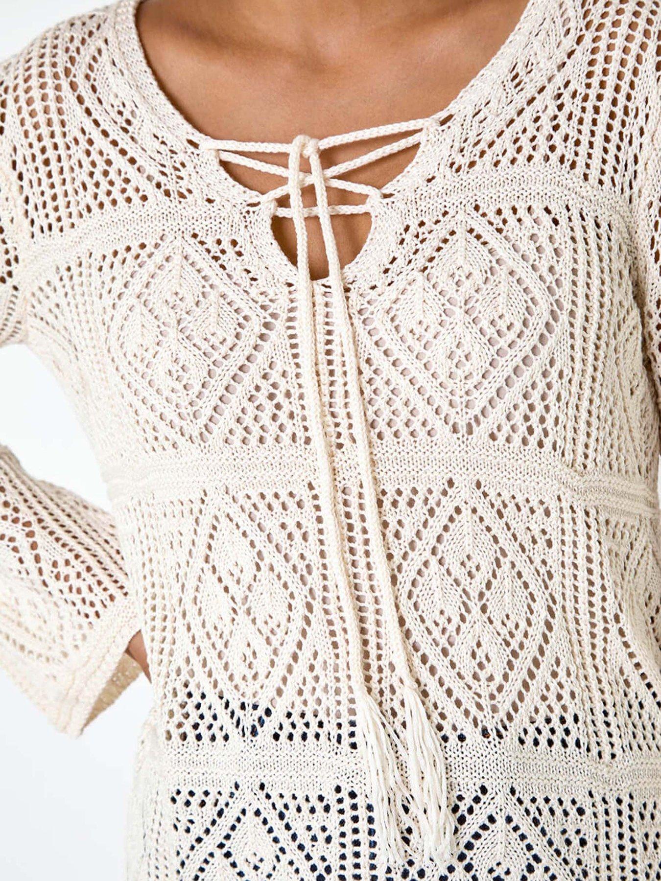Image 5 of 5 of Roman Crochet Tie Front &nbsp;V-neck Tunic Top - White