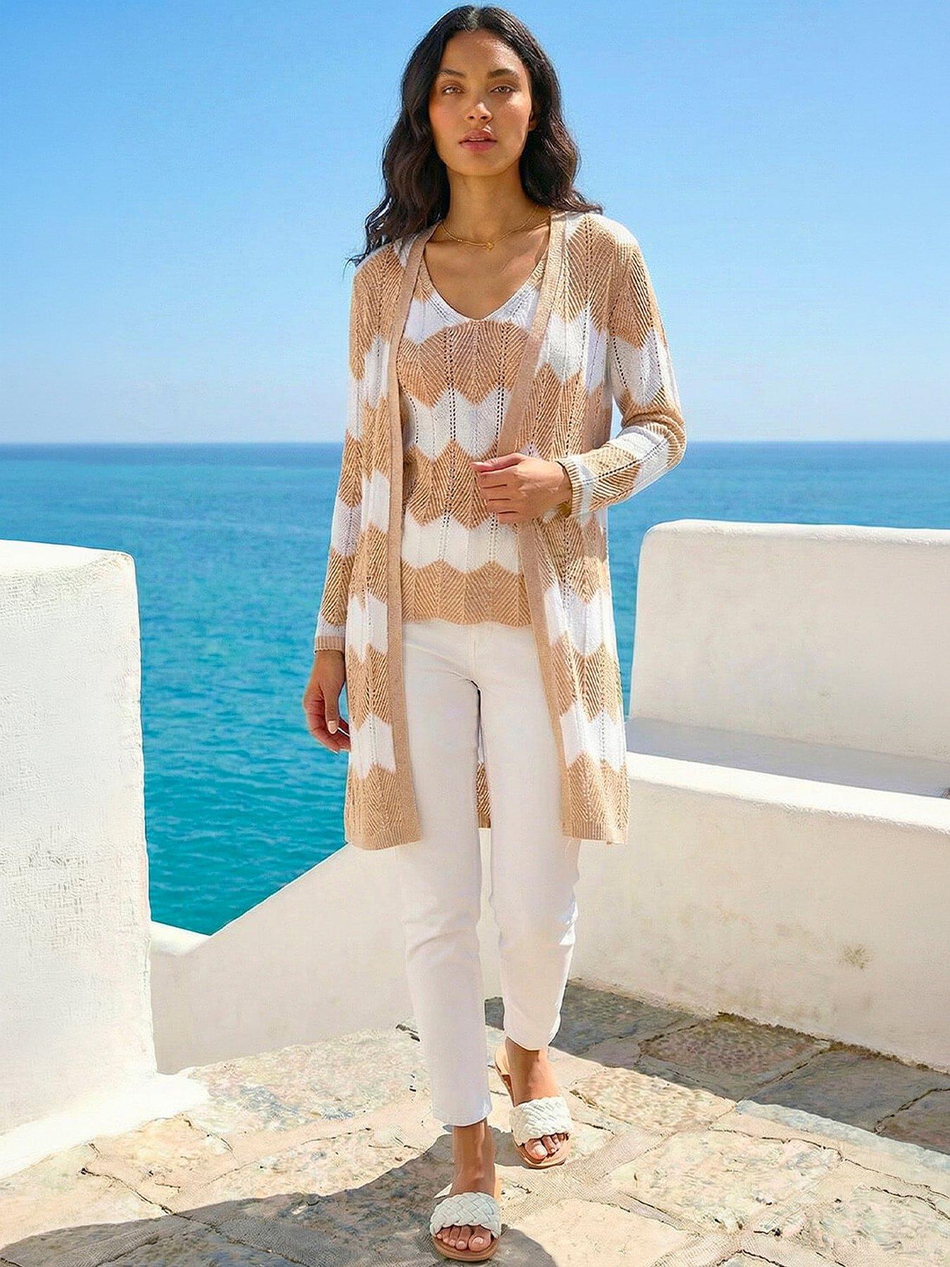 Roman Chevron Stripe Shimmer Longline Cardigan - Beige