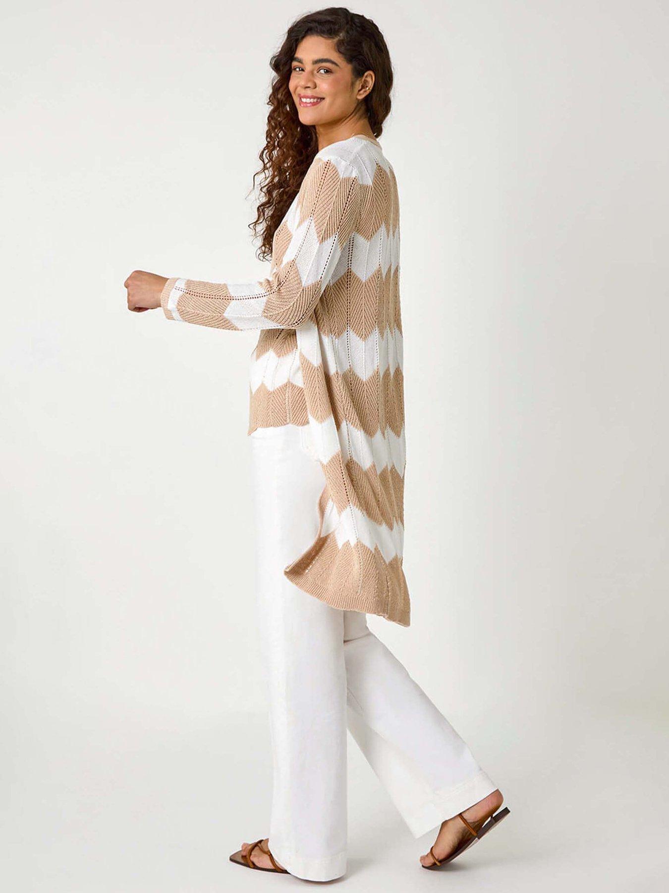 Image 2 of 5 of Roman Chevron Stripe Shimmer Longline Cardigan - Beige