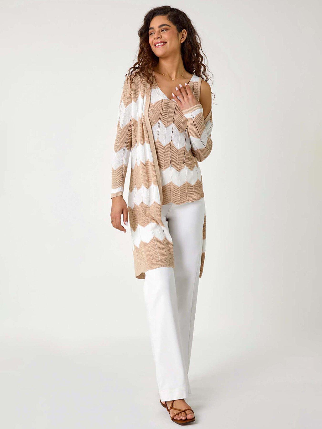 Image 3 of 5 of Roman Chevron Stripe Shimmer Longline Cardigan - Beige