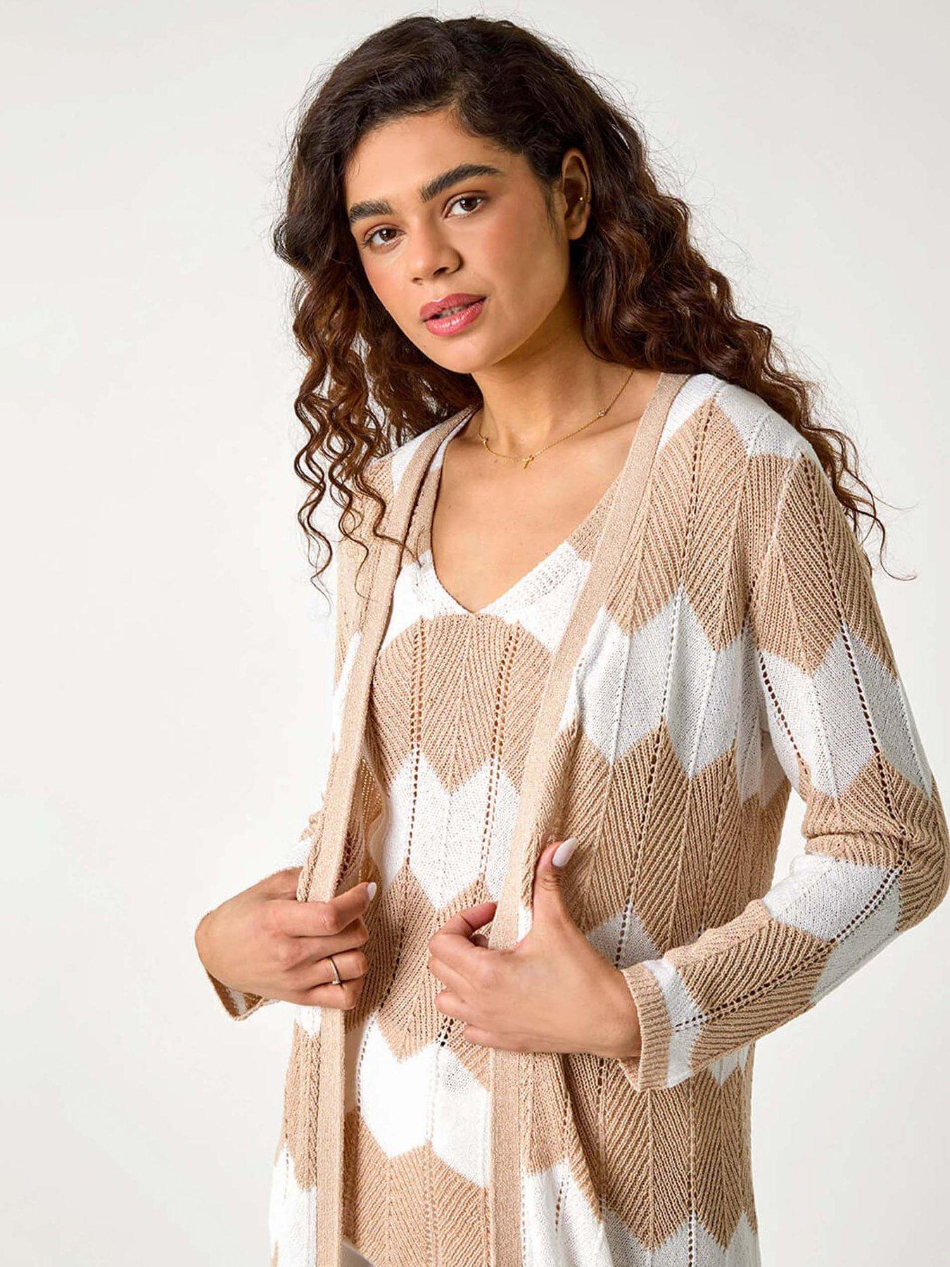 Image 4 of 5 of Roman Chevron Stripe Shimmer Longline Cardigan - Beige