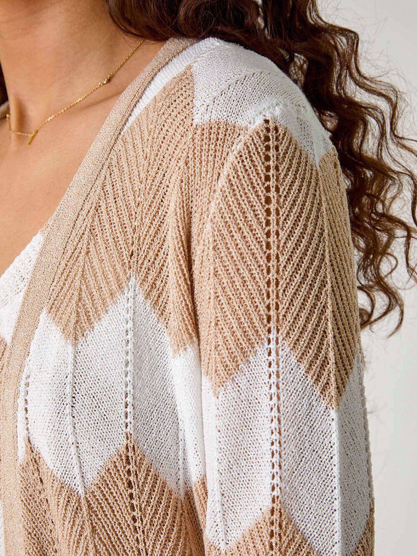 Image 5 of 5 of Roman Chevron Stripe Shimmer Longline Cardigan - Beige