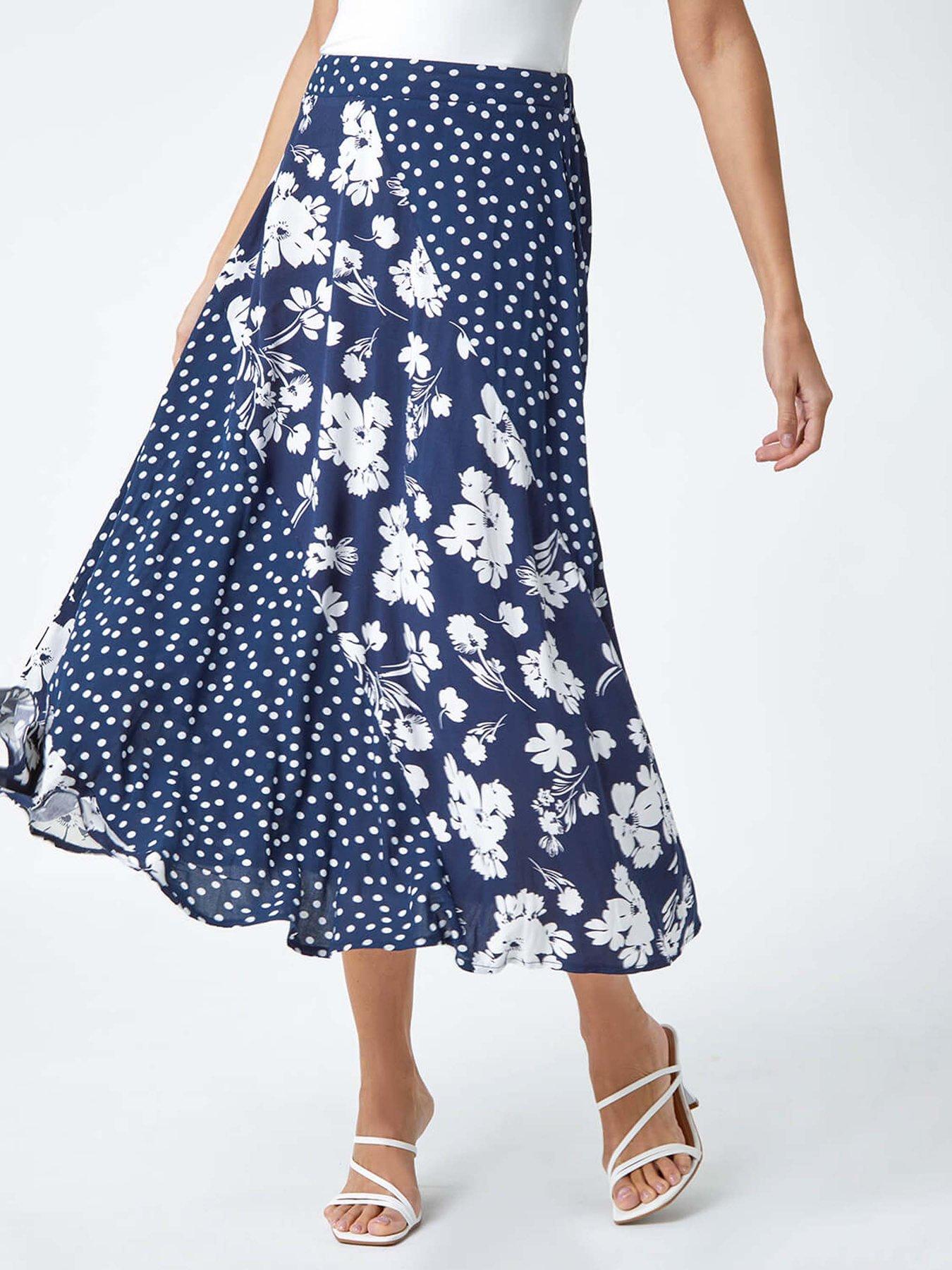 Roman Mixed Floral Spot Print A Line Midi Skirt