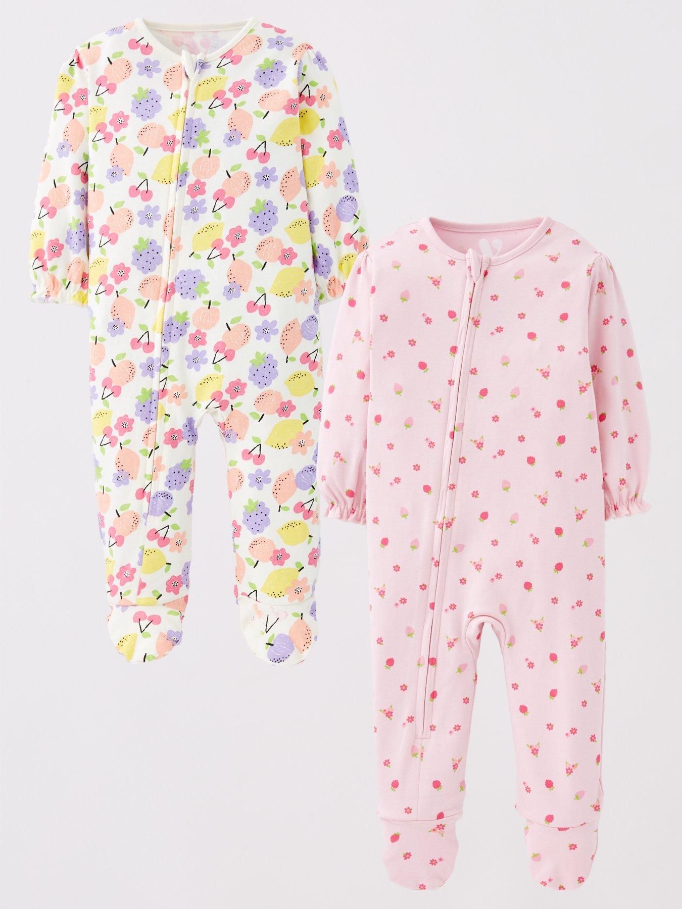 Image of Mini V by Very 2 Pack Printed Baby Girl Zip Up Sleepsuits - Multi