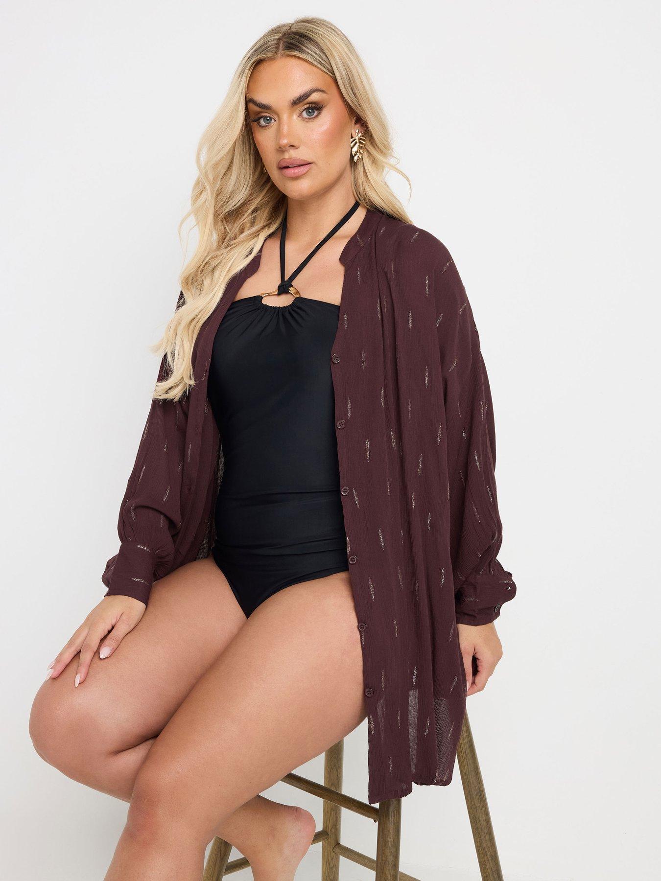 Image of Yours Curve Stand Collar Beach Shirt - Brown