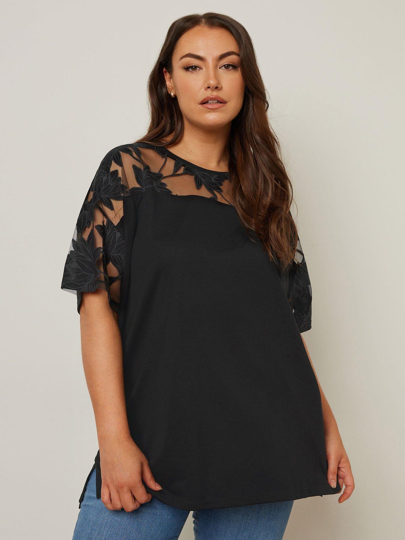 Image 1 of 4 of Yours Curve Boxy Floral Panel T-Shirt - Black
