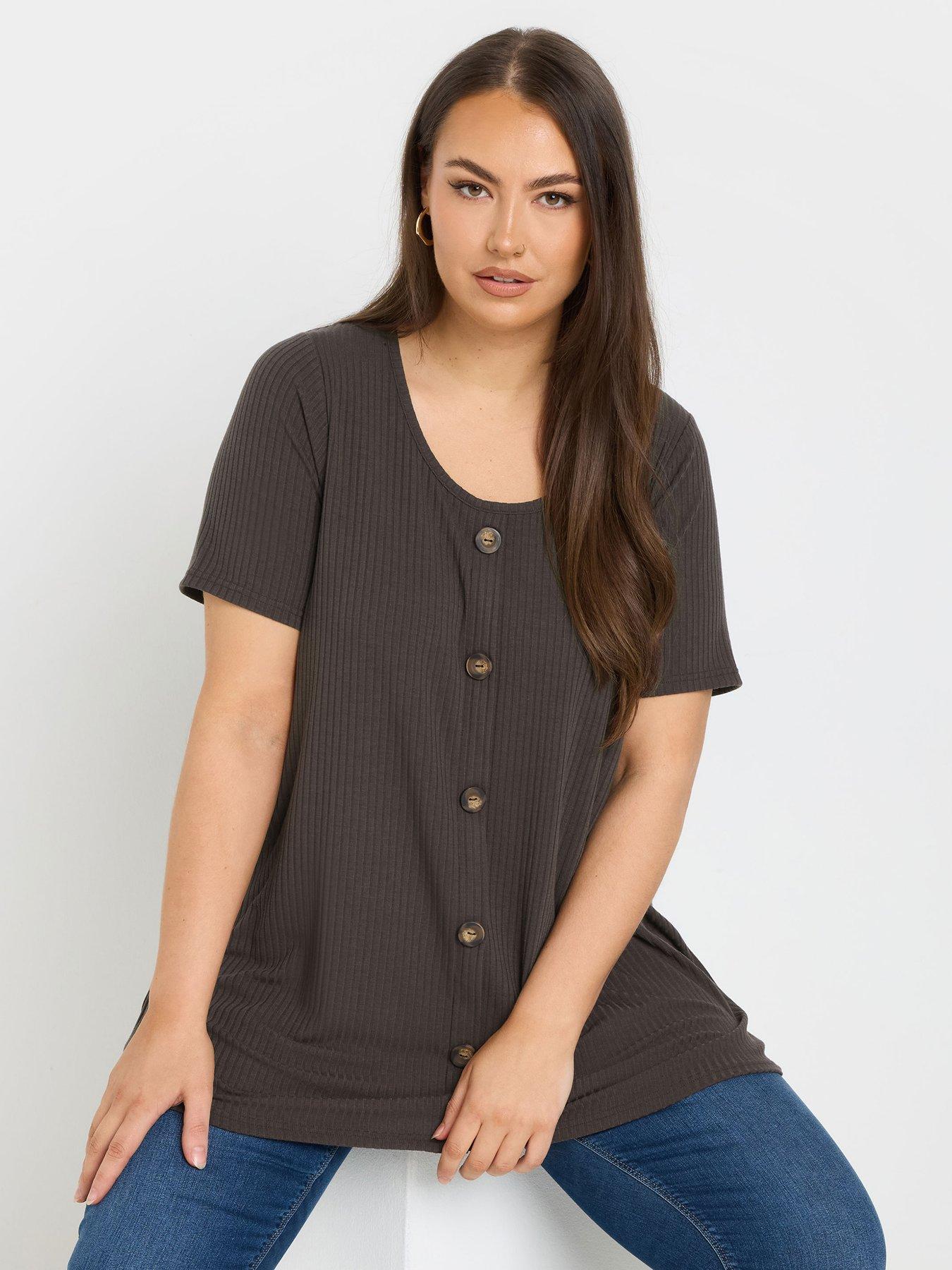 yours-curve-button-front-rib-t-shirt-brown