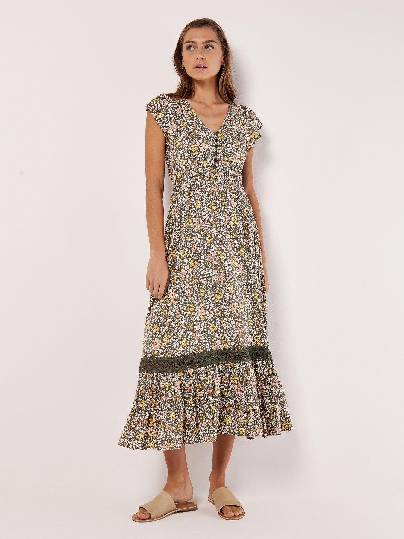 Image 1 of 4 of Apricot Ditsy Cluster Crochet Maxi Dress - Khaki