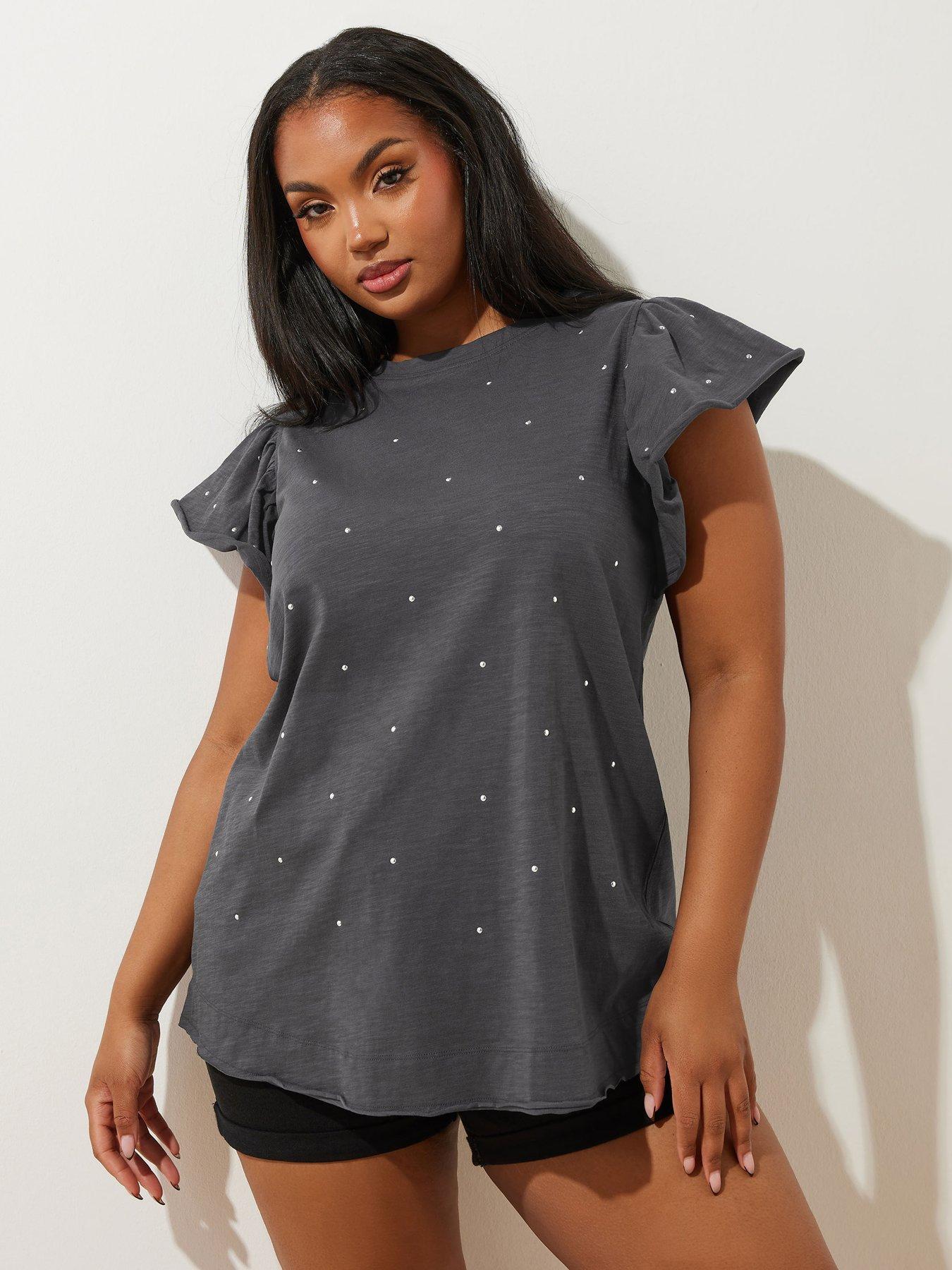 yours-curve-frill-sleeve-stud-t-shirt-grey