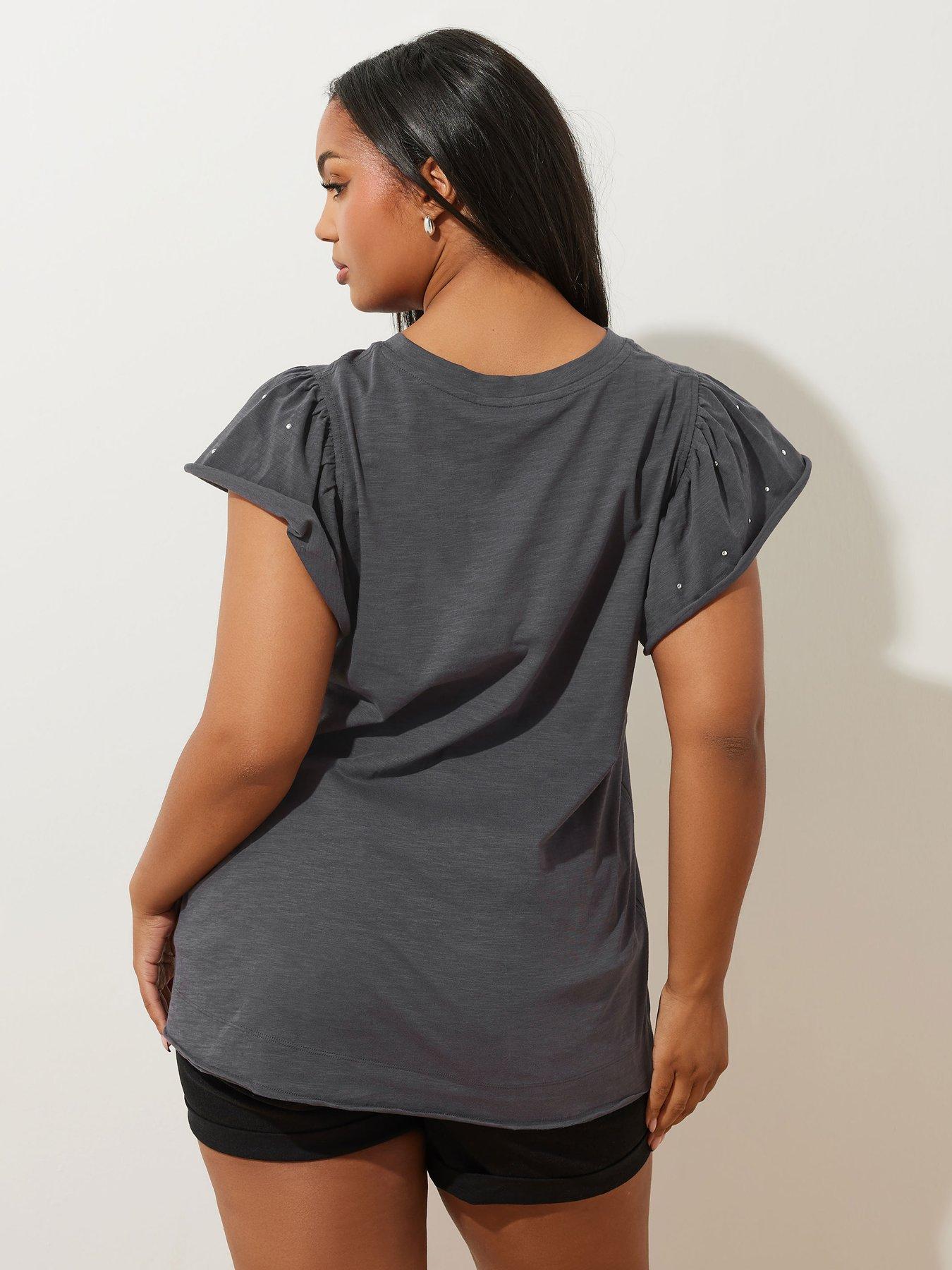 yours-curve-frill-sleeve-stud-t-shirt-greystillFront