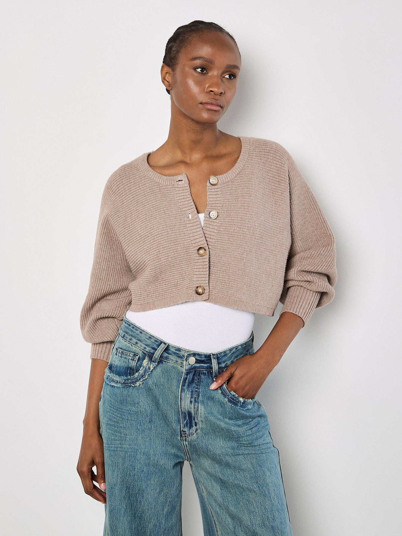 Image 1 of 5 of Apricot Ribbed Batwing Cropped Cardigan - Brown