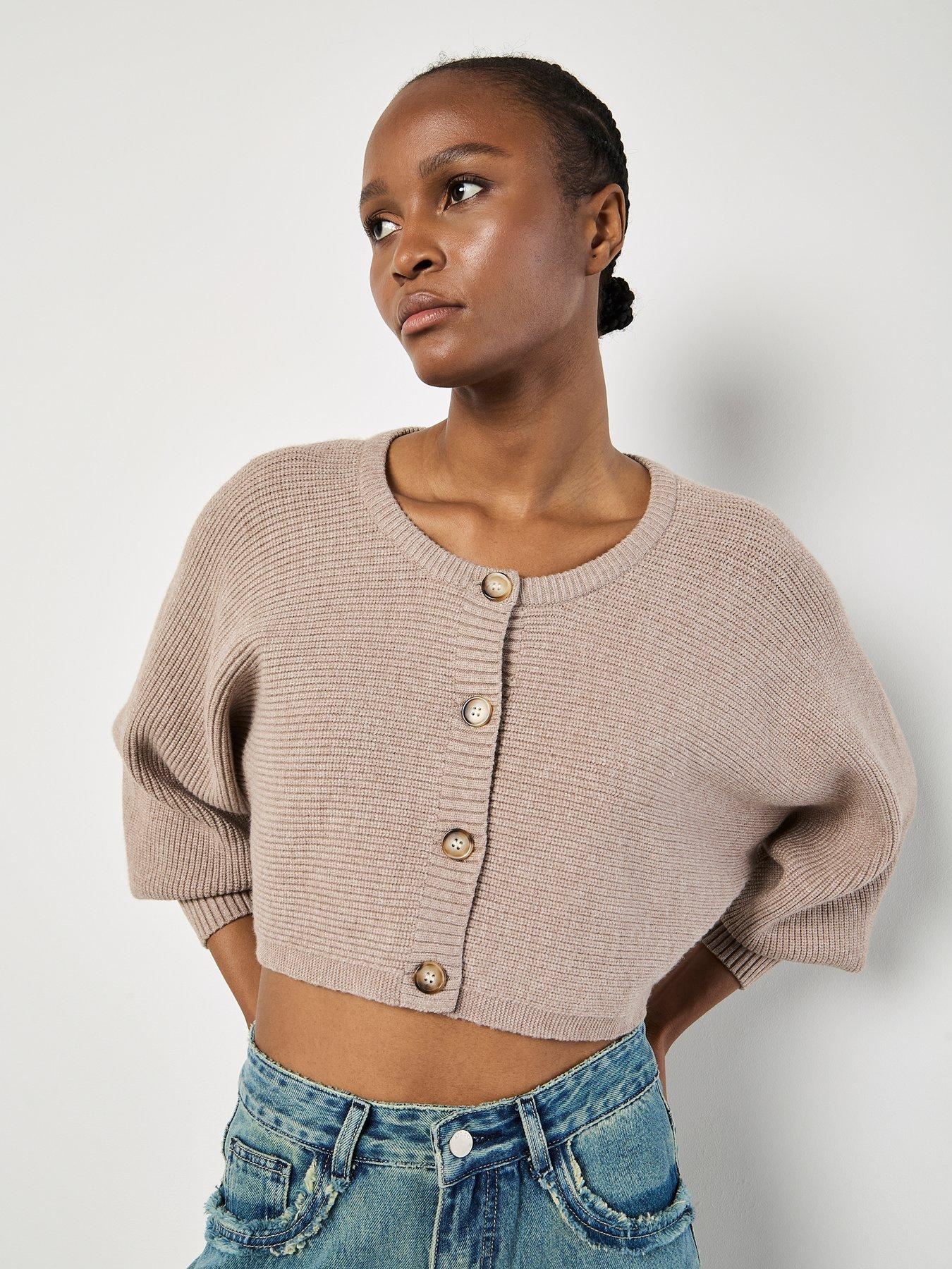 Image 4 of 5 of Apricot Ribbed Batwing Cropped Cardigan - Brown