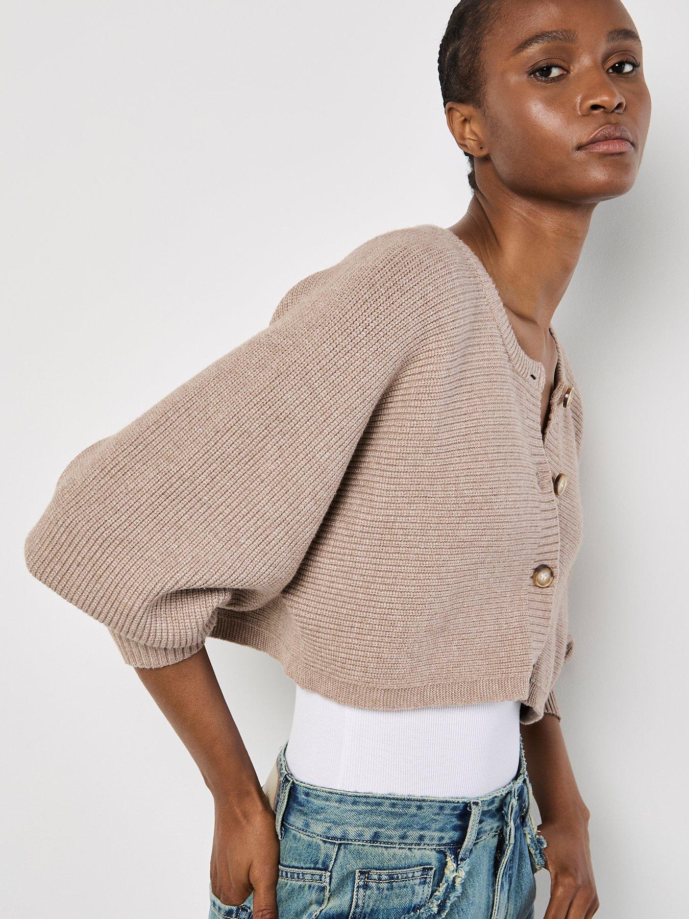 Image 5 of 5 of Apricot Ribbed Batwing Cropped Cardigan - Brown
