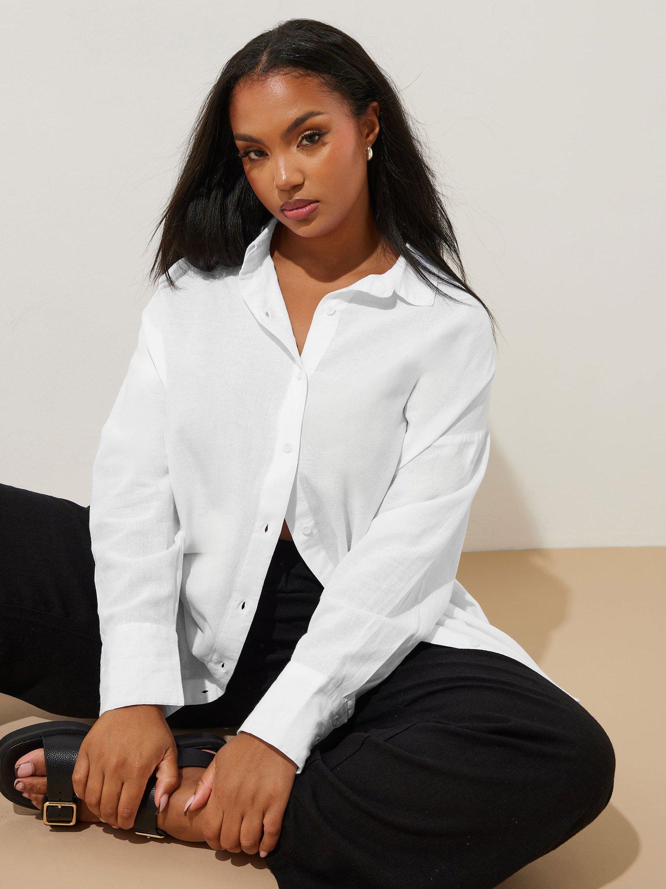 Image 1 of 4 of Yours Curve Long Sleeve Linen Shirt - White