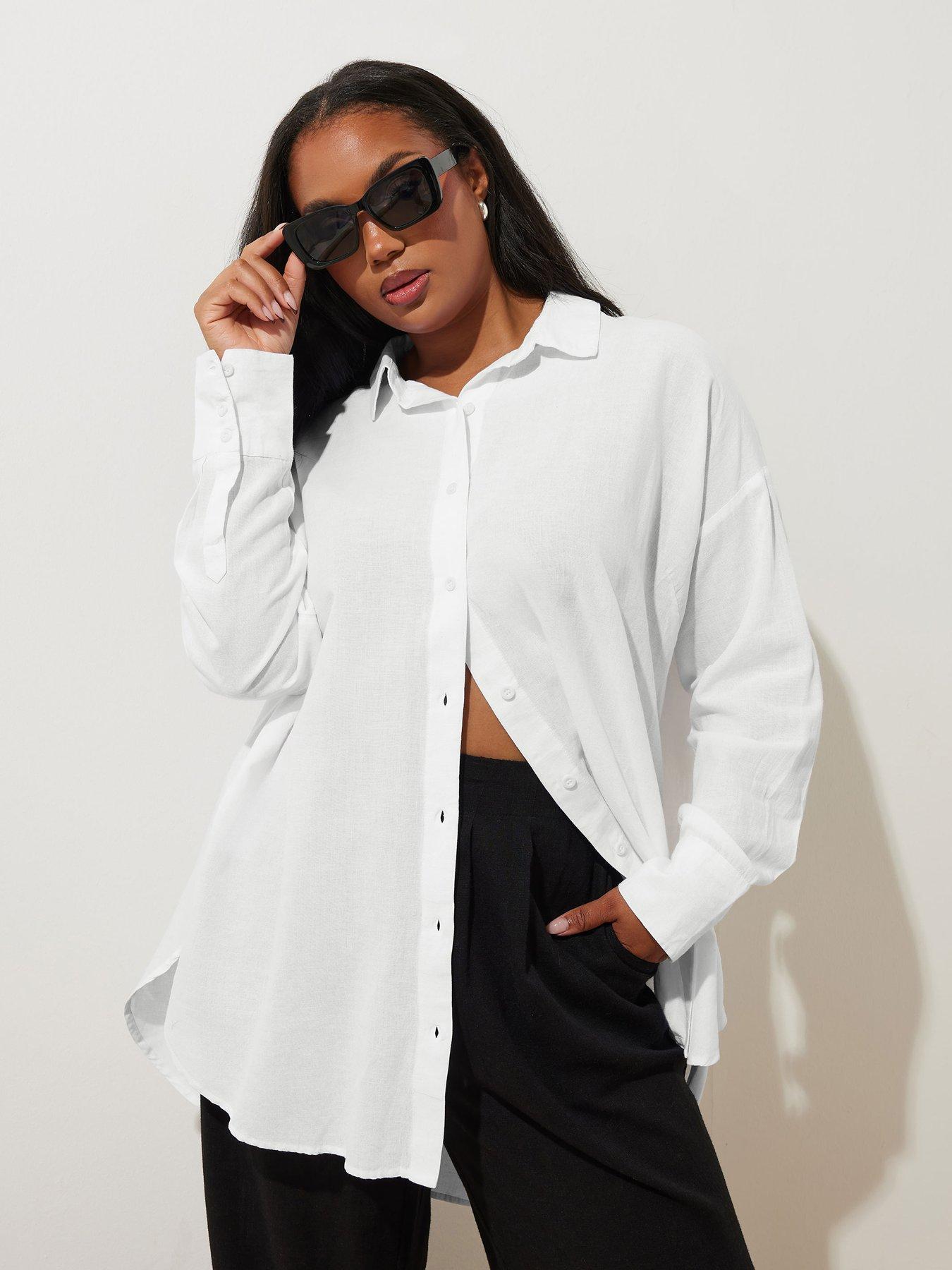 Image 4 of 4 of Yours Curve Long Sleeve Linen Shirt - White
