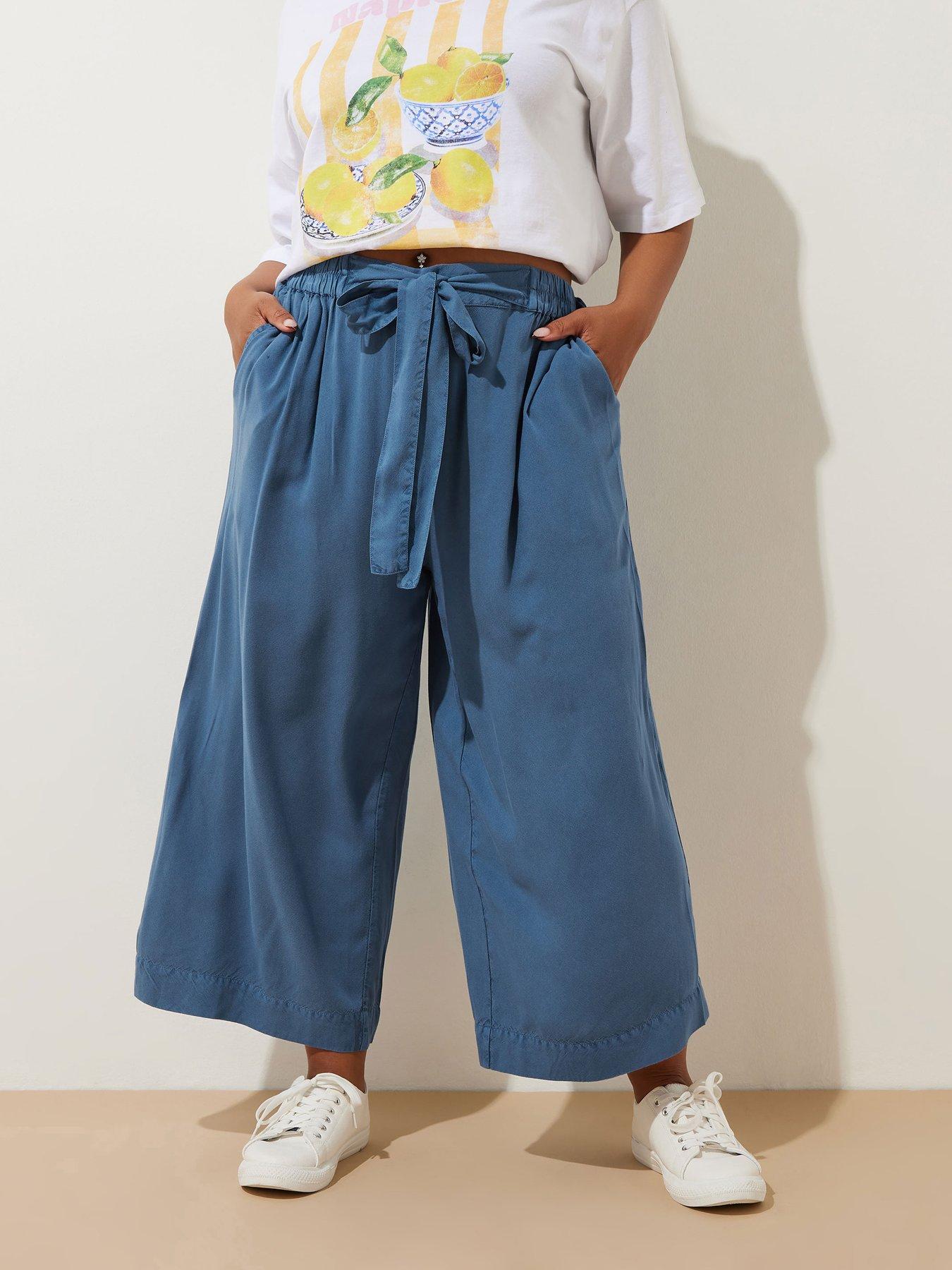 Image 1 of 4 of Yours Curve Chambray Tie Waist Crop Trouser - Blue