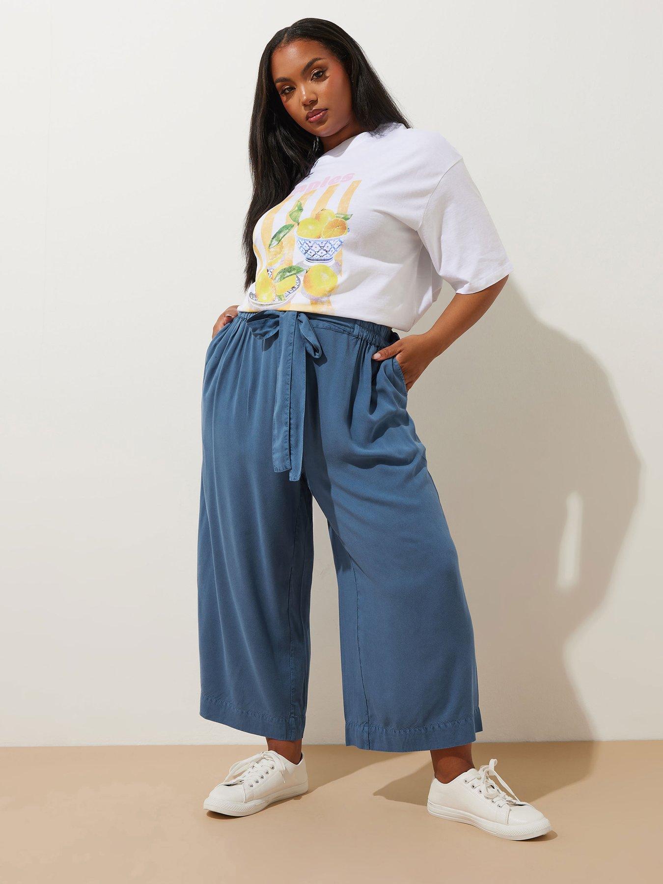 Image 3 of 4 of Yours Curve Chambray Tie Waist Crop Trouser - Blue