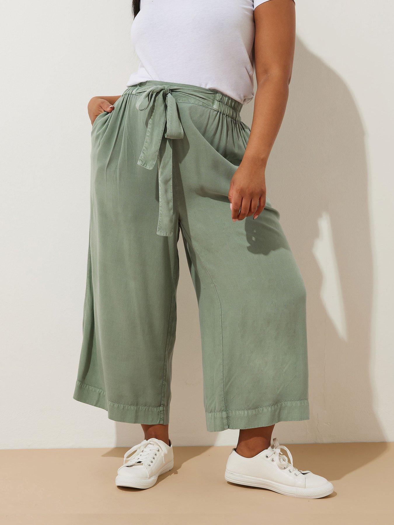 Image 1 of 4 of Yours Curve Chambray Tie Waist Crop Trouser - Green