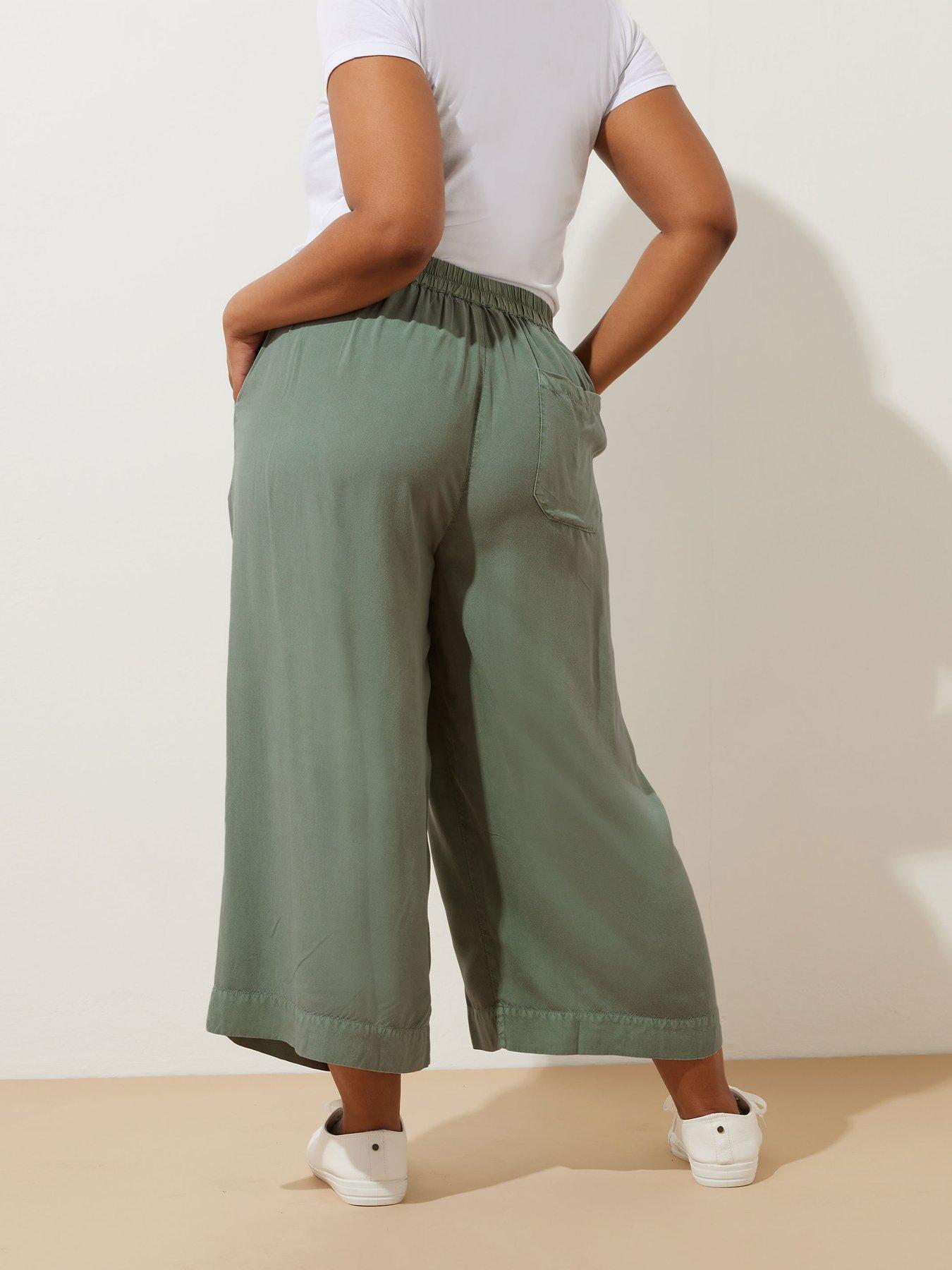 Image 2 of 4 of Yours Curve Chambray Tie Waist Crop Trouser - Green