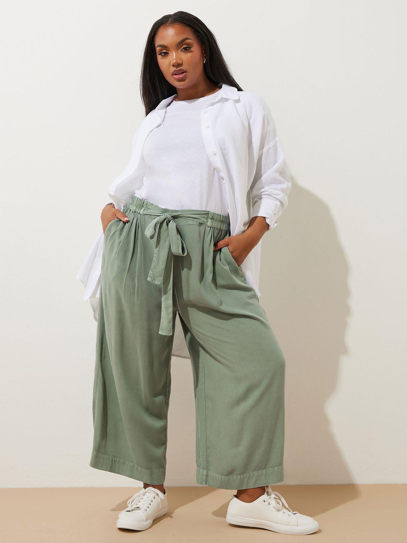 Image 3 of 4 of Yours Curve Chambray Tie Waist Crop Trouser - Green