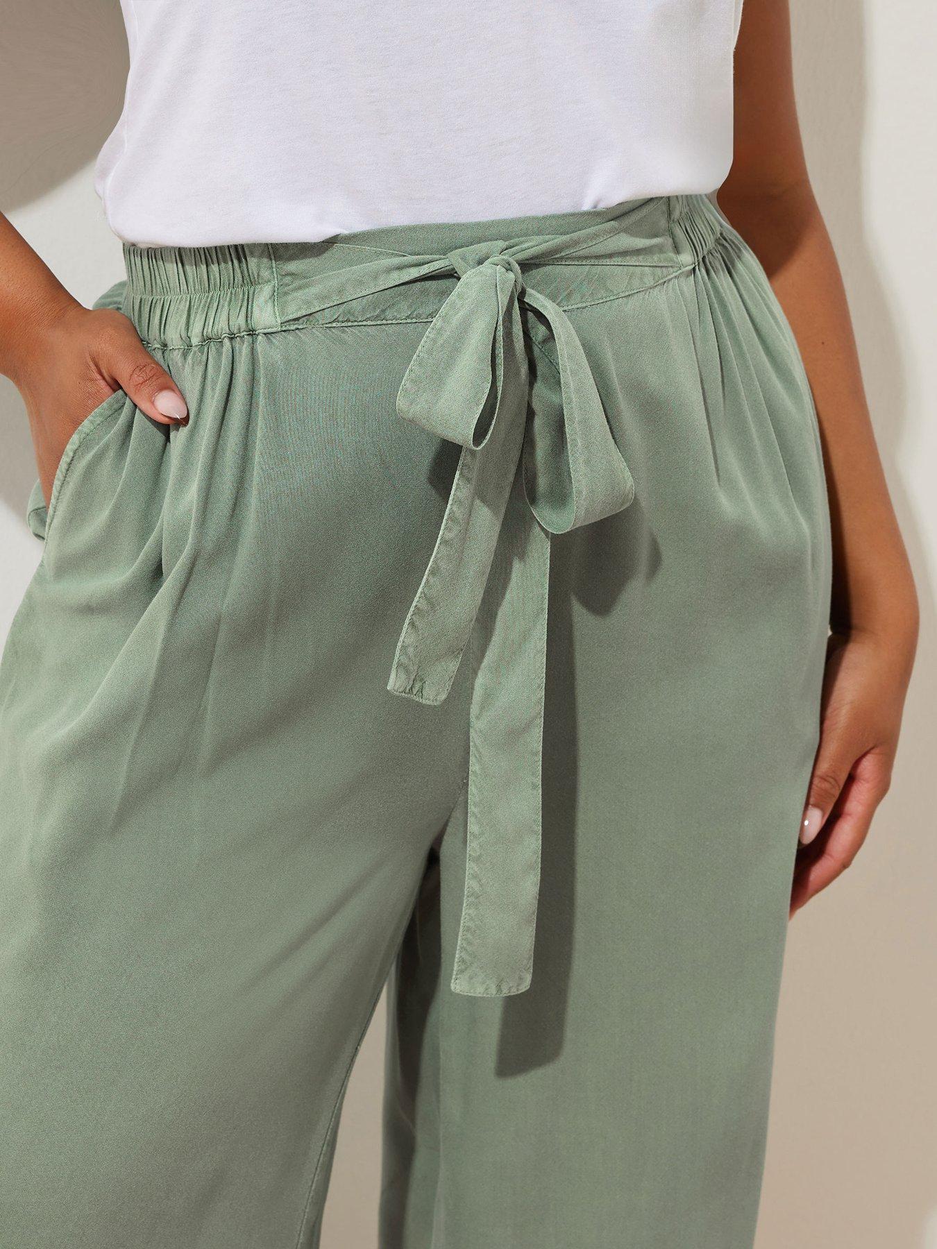 Image 4 of 4 of Yours Curve Chambray Tie Waist Crop Trouser - Green