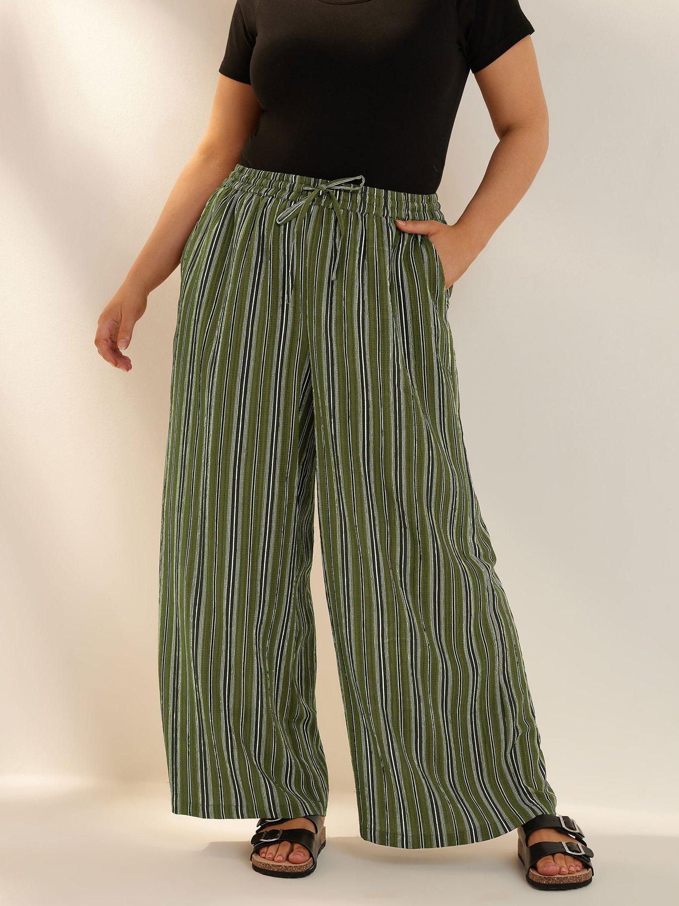 Image 1 of 4 of Yours Curve Stripe Textured Wide Leg Trouser - Green