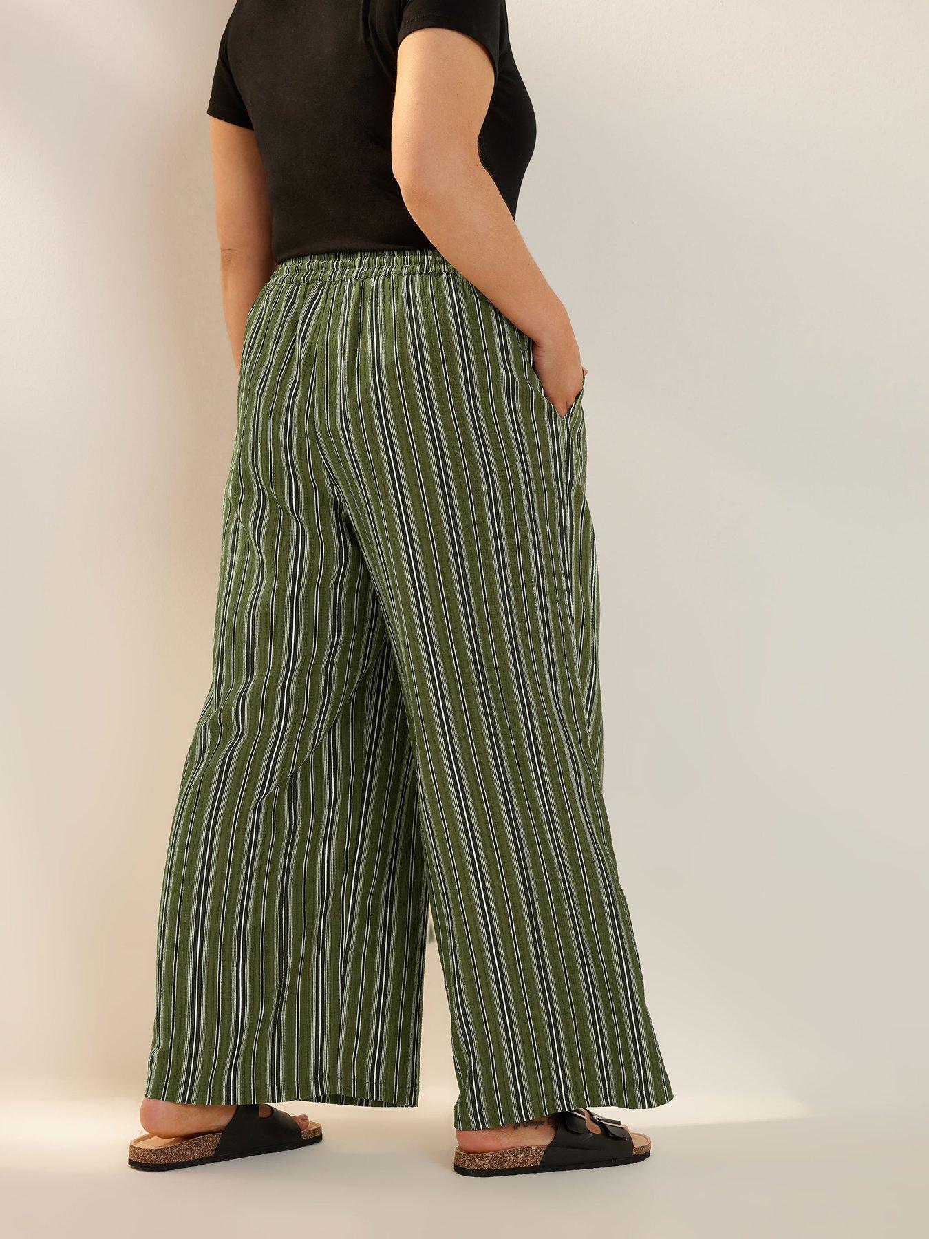 Image 2 of 4 of Yours Curve Stripe Textured Wide Leg Trouser - Green