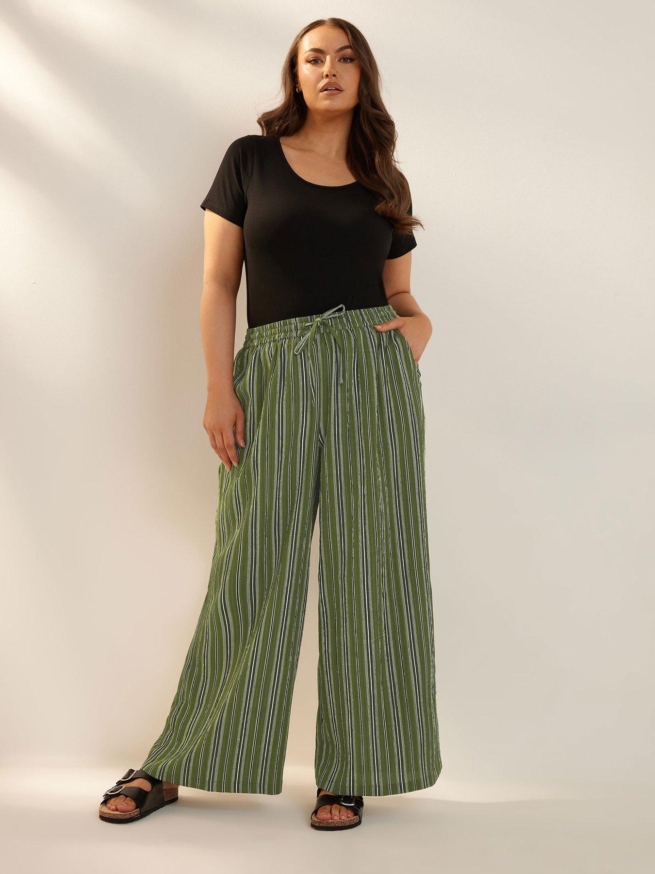 Image 3 of 4 of Yours Curve Stripe Textured Wide Leg Trouser - Green