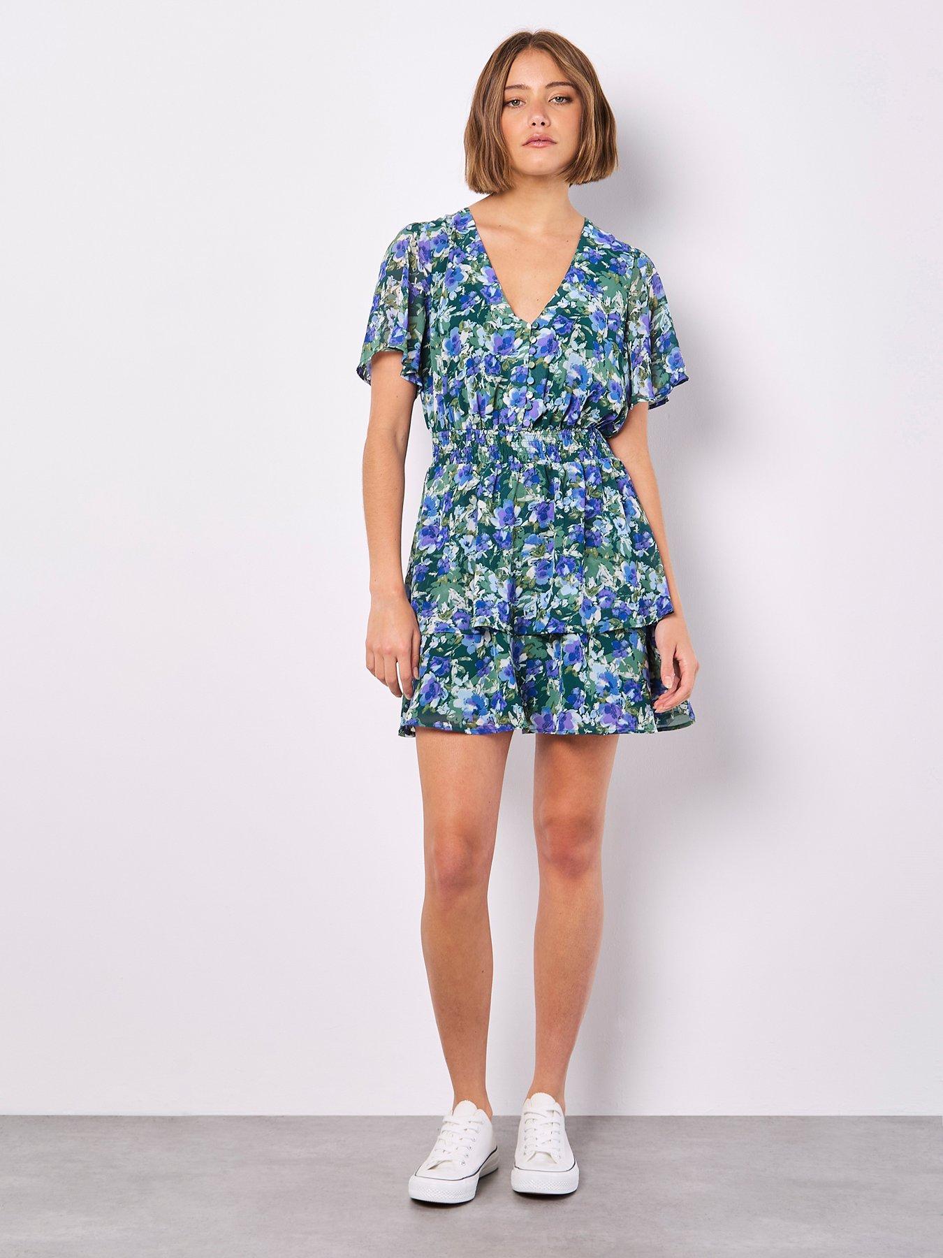 Image 1 of 5 of Apricot Watercolour Floral Layered Dress - Green