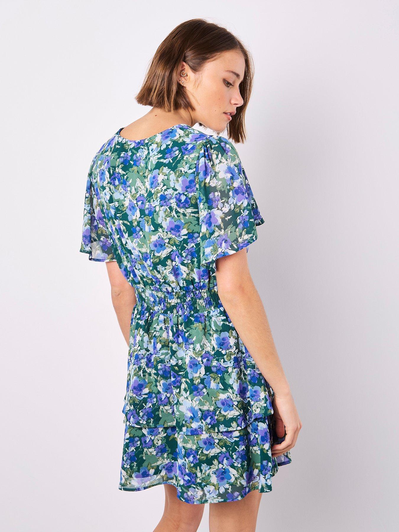 Image 2 of 5 of Apricot Watercolour Floral Layered Dress - Green