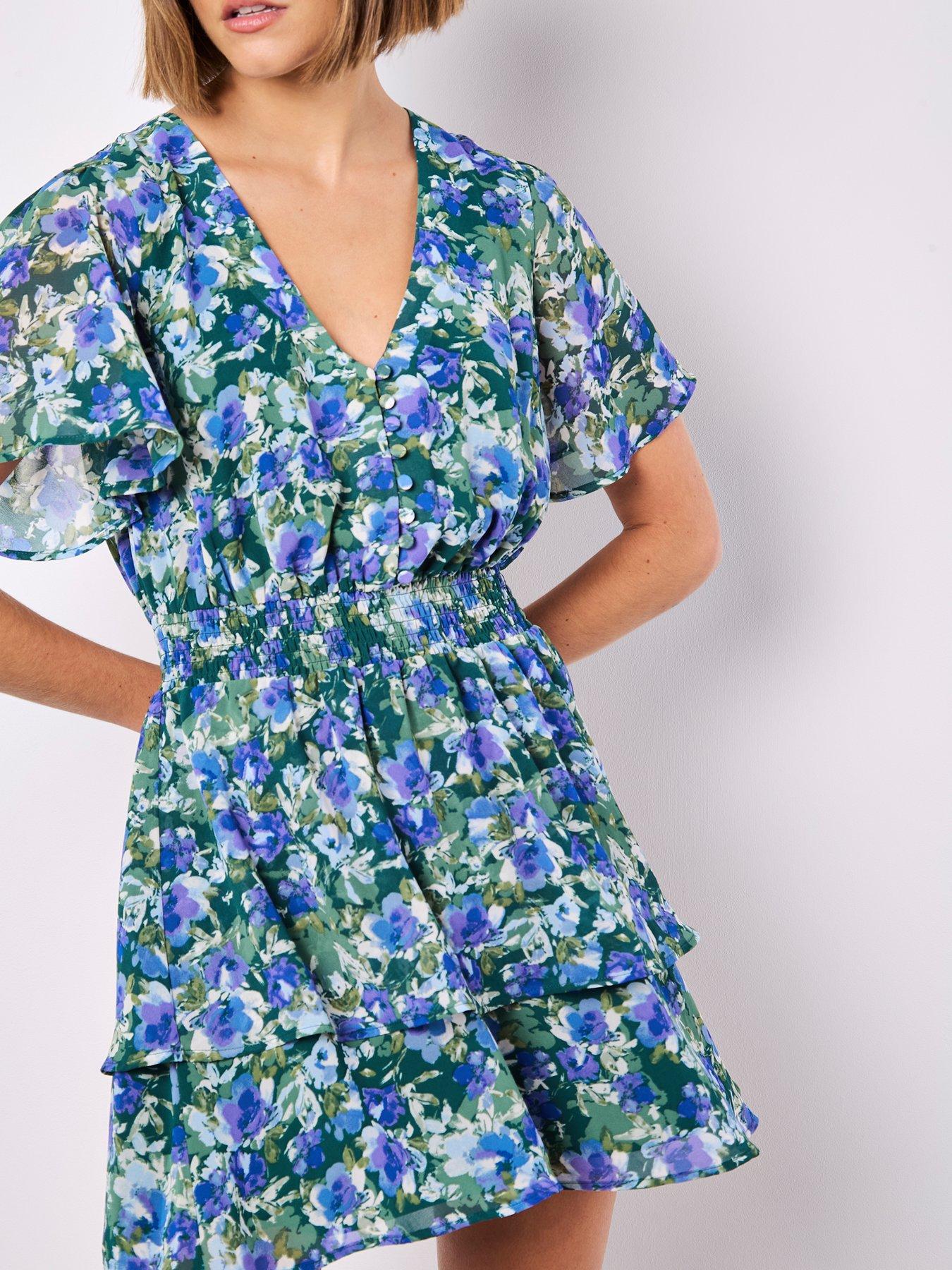 Image 3 of 5 of Apricot Watercolour Floral Layered Dress - Green