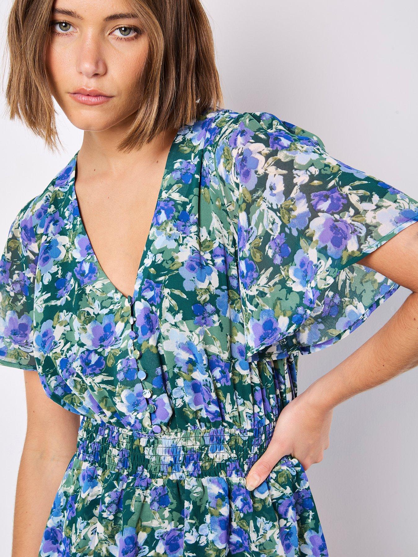 Image 4 of 5 of Apricot Watercolour Floral Layered Dress - Green