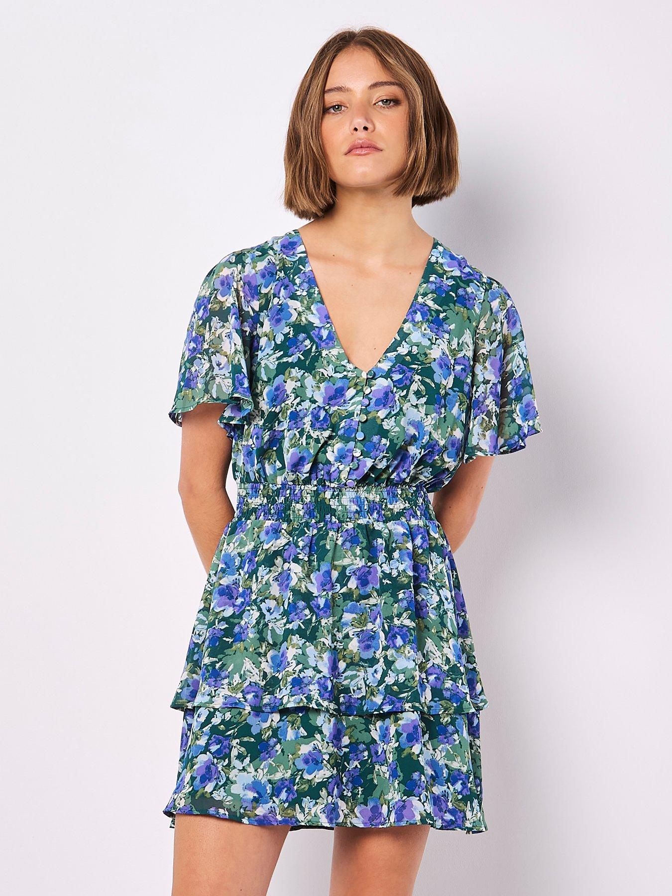 Image 5 of 5 of Apricot Watercolour Floral Layered Dress - Green